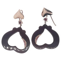 18kt rose gold earrings, in aubergine color fibre , pink sapphires, diamonds