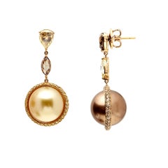 18kt Rose Gold Earrings w/ Golden & Brown Pearls with Yellow and Brown Diamond