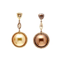 18kt Rose Gold Earrings w/ Golden & Brown Pearls with Yellow and Brown Diamond