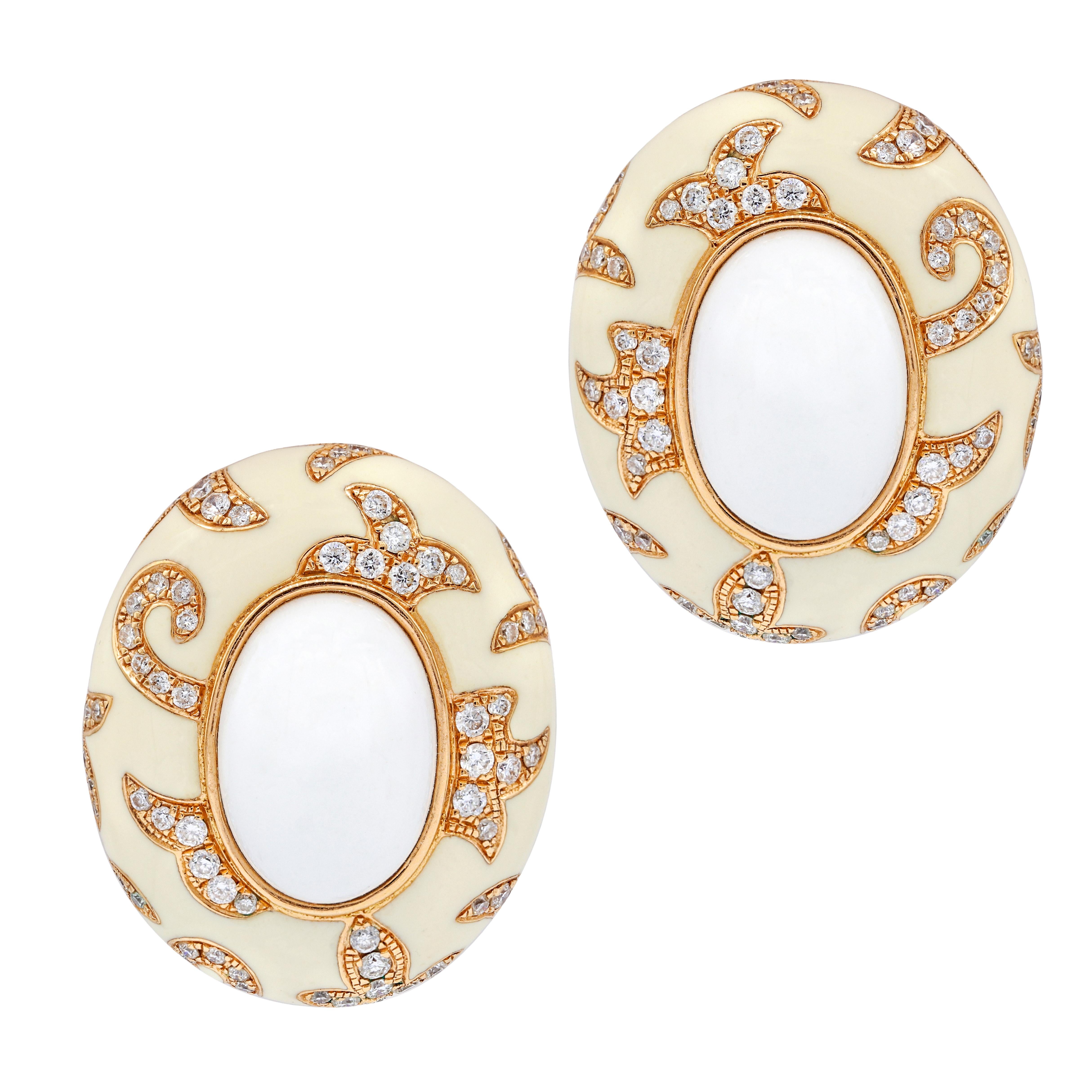 18kt rose gold diamond and white enamel earrings features 1.00 carat of diamonds.
