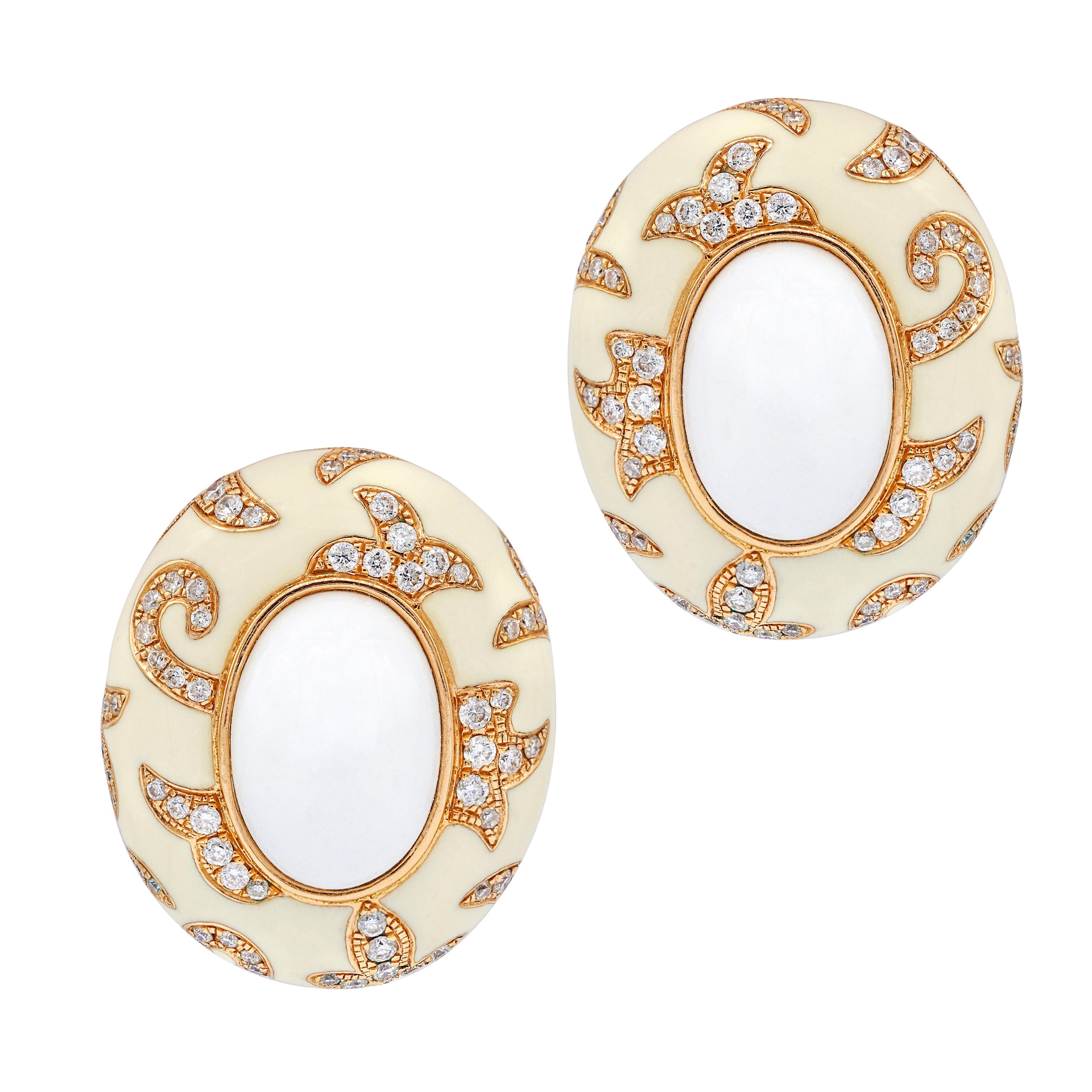 18kt Rose Gold Earrings with 1.00 Carat Diamonds and White Enamel For Sale