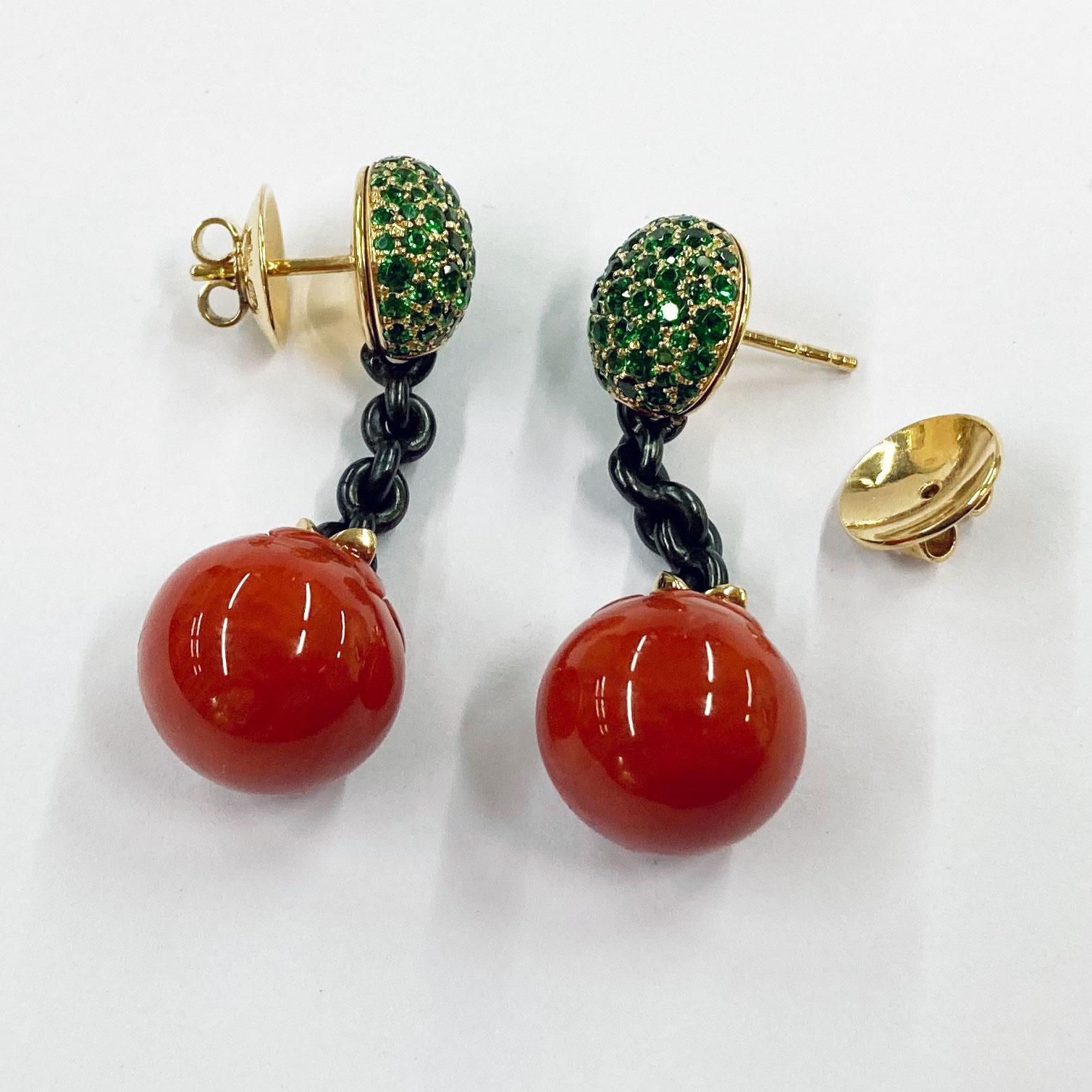 Contemporary 18 Karat Rose Gold Earrings with blackened Steel Coral and Tsavorite For Sale