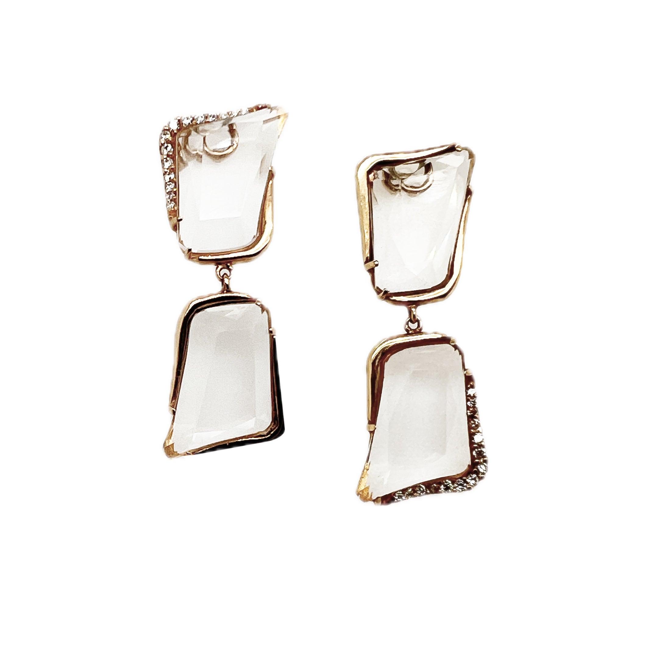 18kt rose gold earrings with diamonds & asymmetric rock crystal
