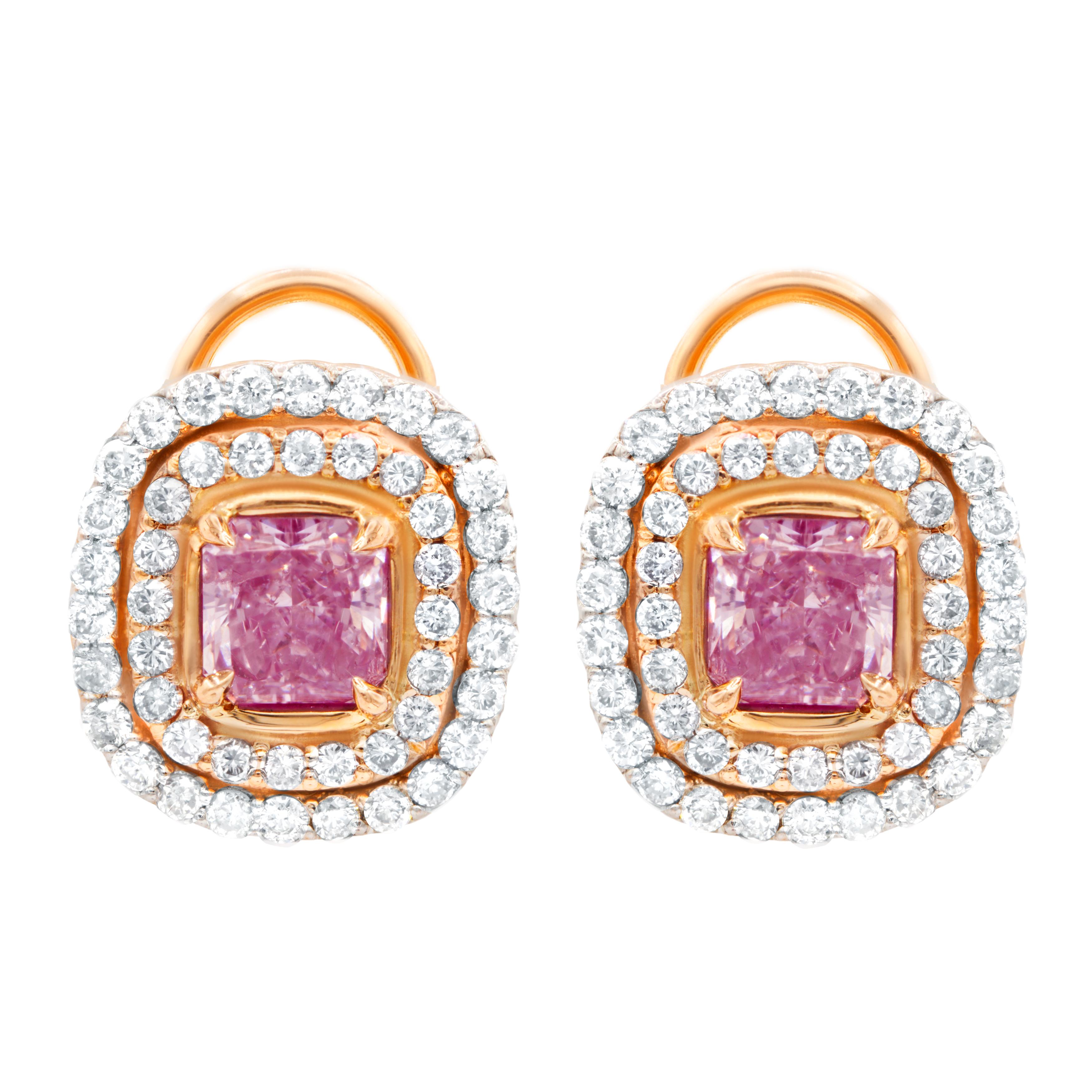 18kt rosegold fancy light pink diamond earrings, features .79 fancy light pink (radc1008) and 1.01 fancy light pink (radc1009)total 1.80ct radiant cut diamonds  set in halo setting with 1.50ct of side  pink and white diamonds set in  micropave halo