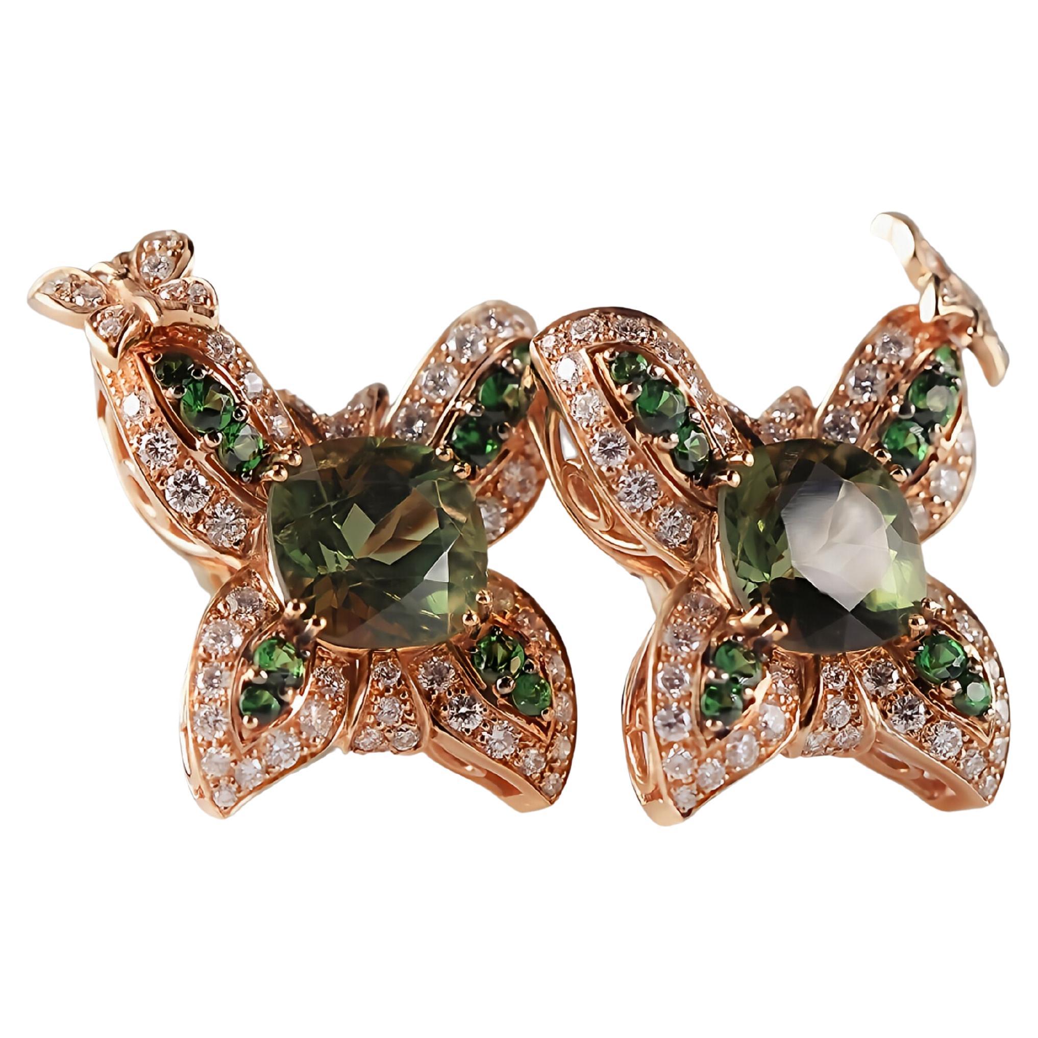 Sweet 18kt Rose Gold Earrings with Green Tourmalines, Diamonds, and Tsavorites For Sale