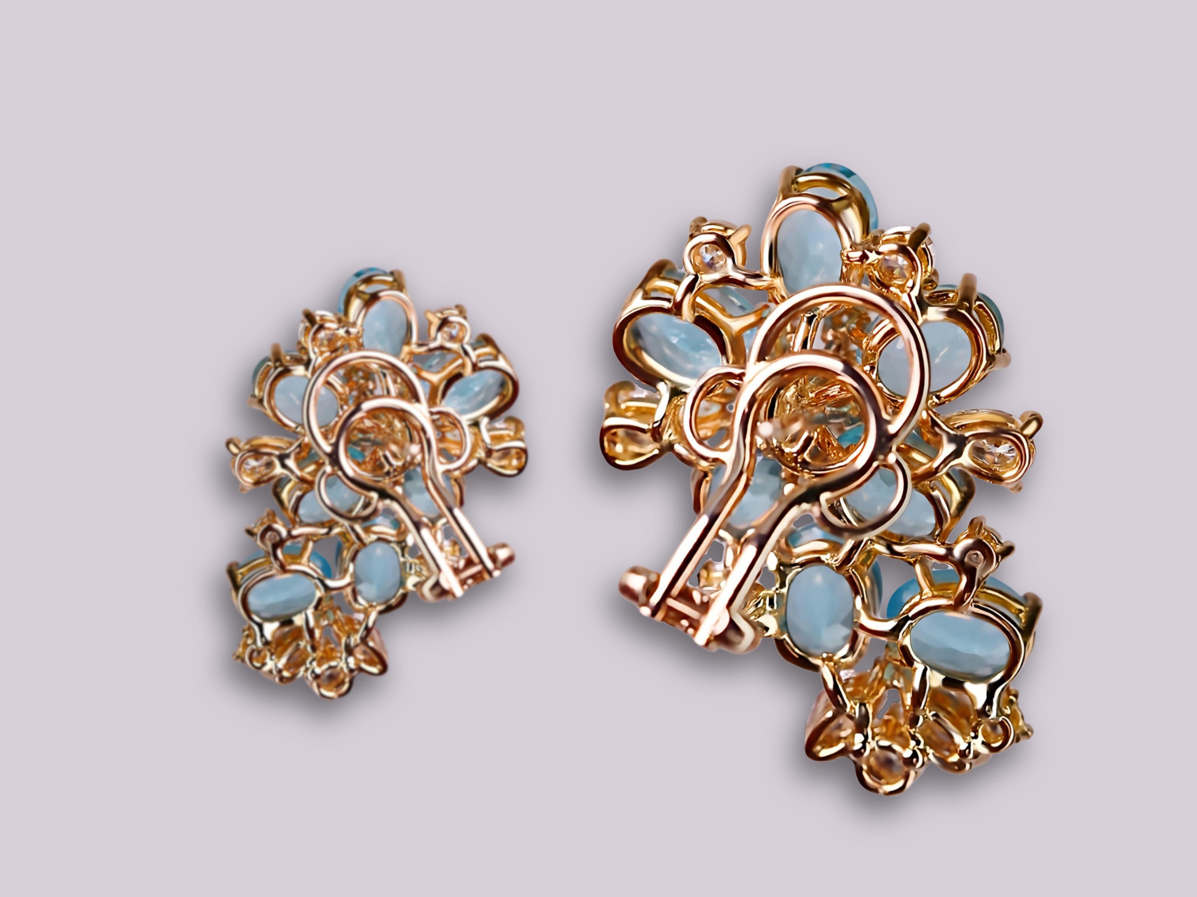 Oval Cut Magnifiques boucles d'oreilles en or rose 18 carats avec apatites bleues ovales et diamants multiformes en vente