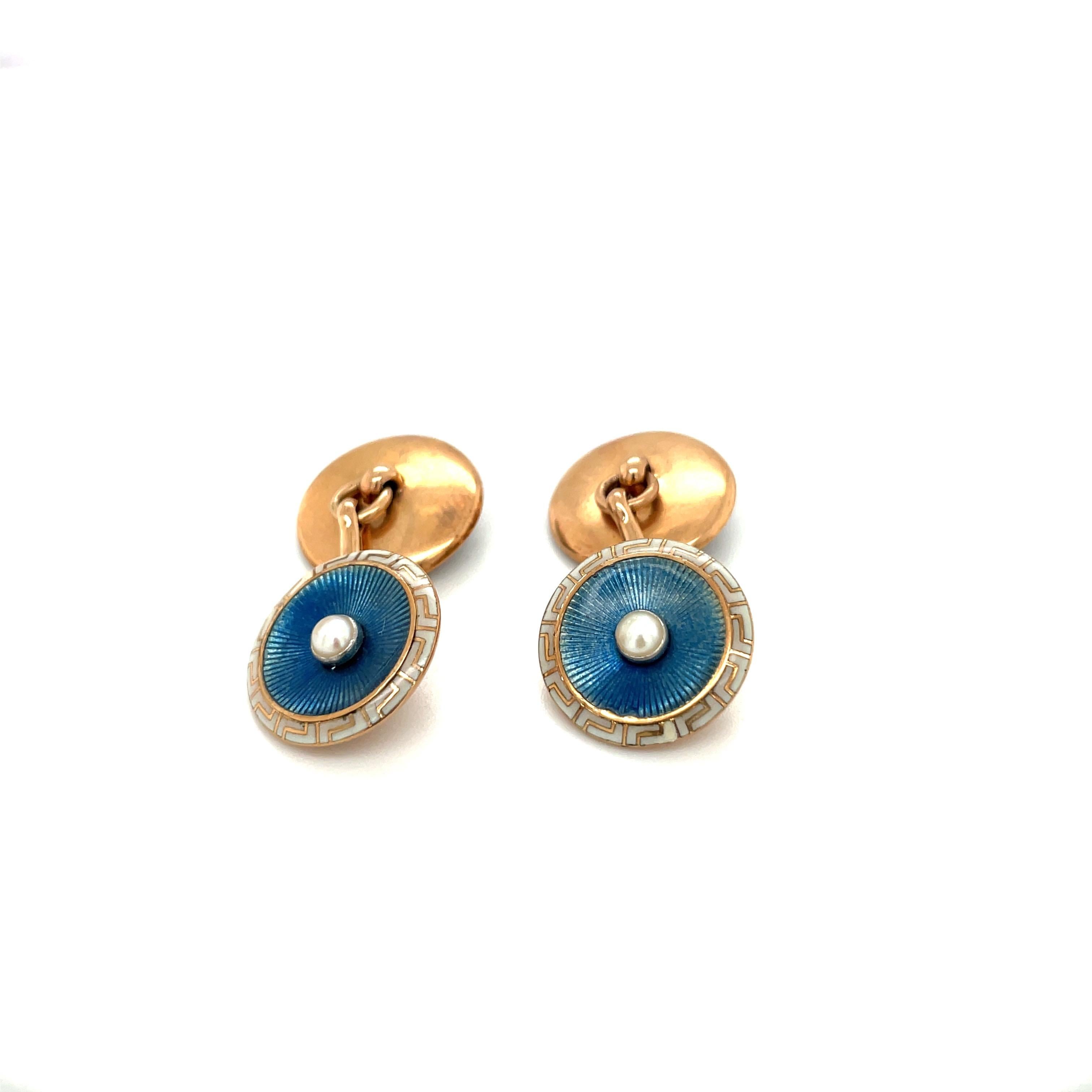 Round Cut 18Kt Rose Gold Enamel and Pearl Cuff Links