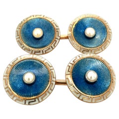 18Kt Rose Gold Enamel and Pearl Cuff Links