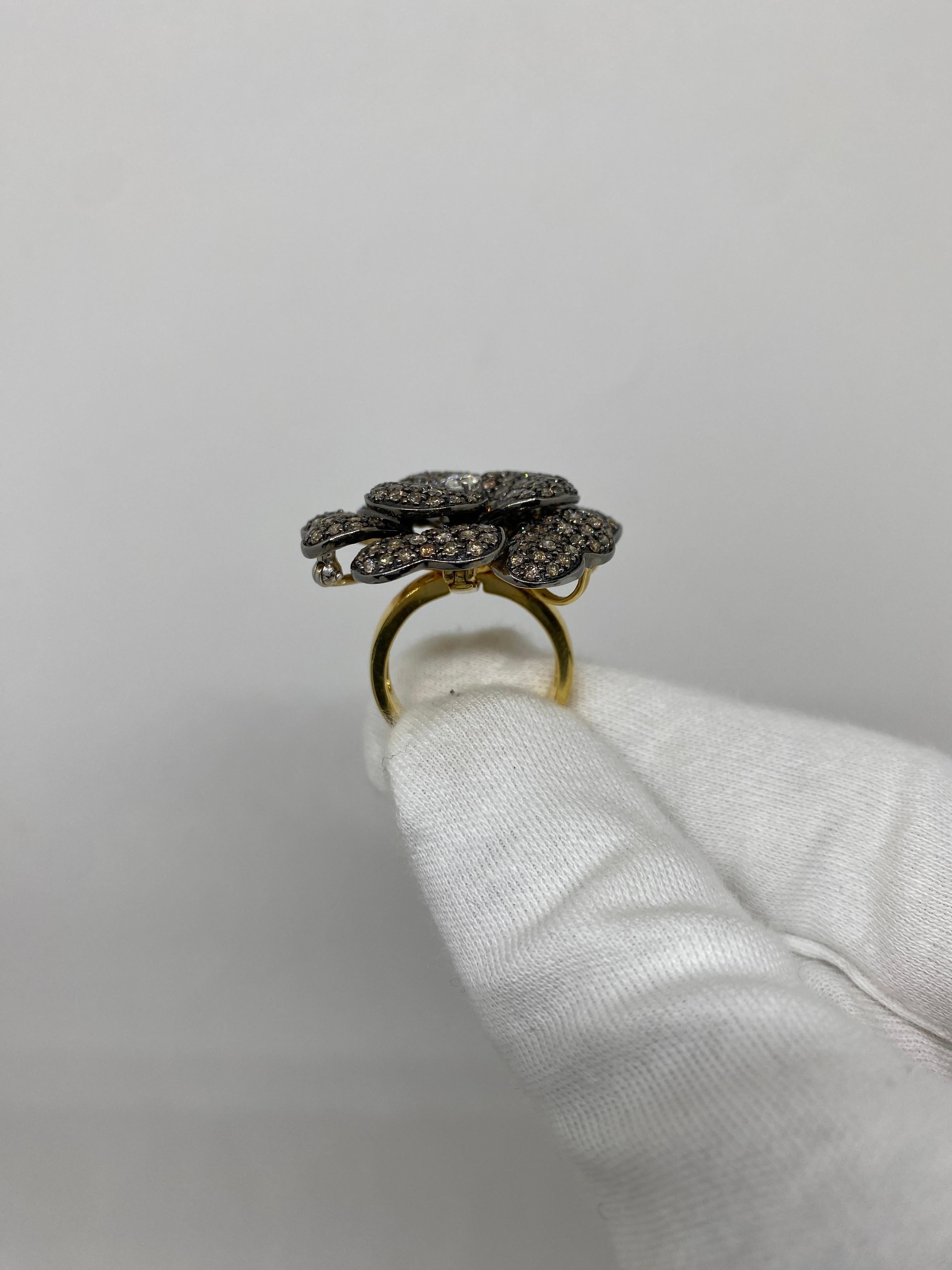 Women's 18Kt Rose Gold Flower Ring / Pendant / Brooch 3.51 Brown & White Diamonds For Sale