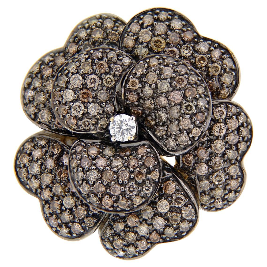 18Kt Rose Gold Flower Ring / Pendant / Brooch 3.51 Brown & White Diamonds For Sale