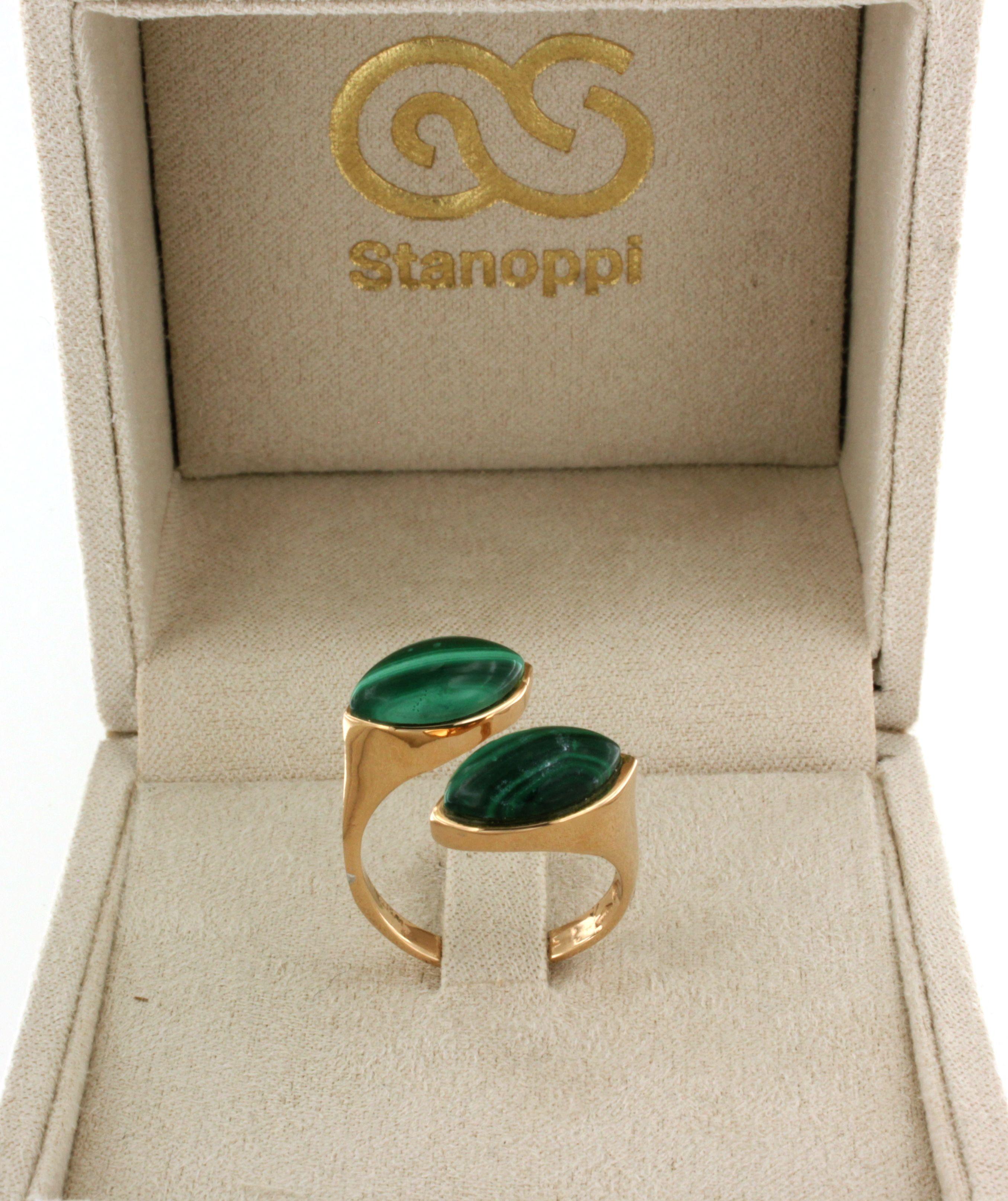 Fashion modern trandy cocktail ring in 18kt rose gold with natural stone : malakite marquise cut , handemade in Italy by Stanoppi Jewellery since 1948.  The stone is a real novelty, designed by the stylist Gisella for her new jewels of the