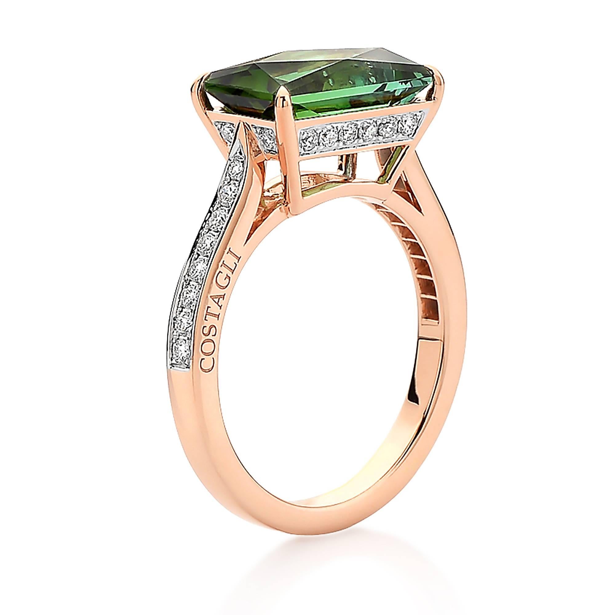 One of a kind emerald cut green tourmaline 3.65 carat ring set in 18kt rose gold with pave-set round, brilliant diamonds, 0.30 carats.

Perfect as a non-diamond engagement ring, as well as an everyday jeans and t-shirt ring, this 18kt rose gold ring