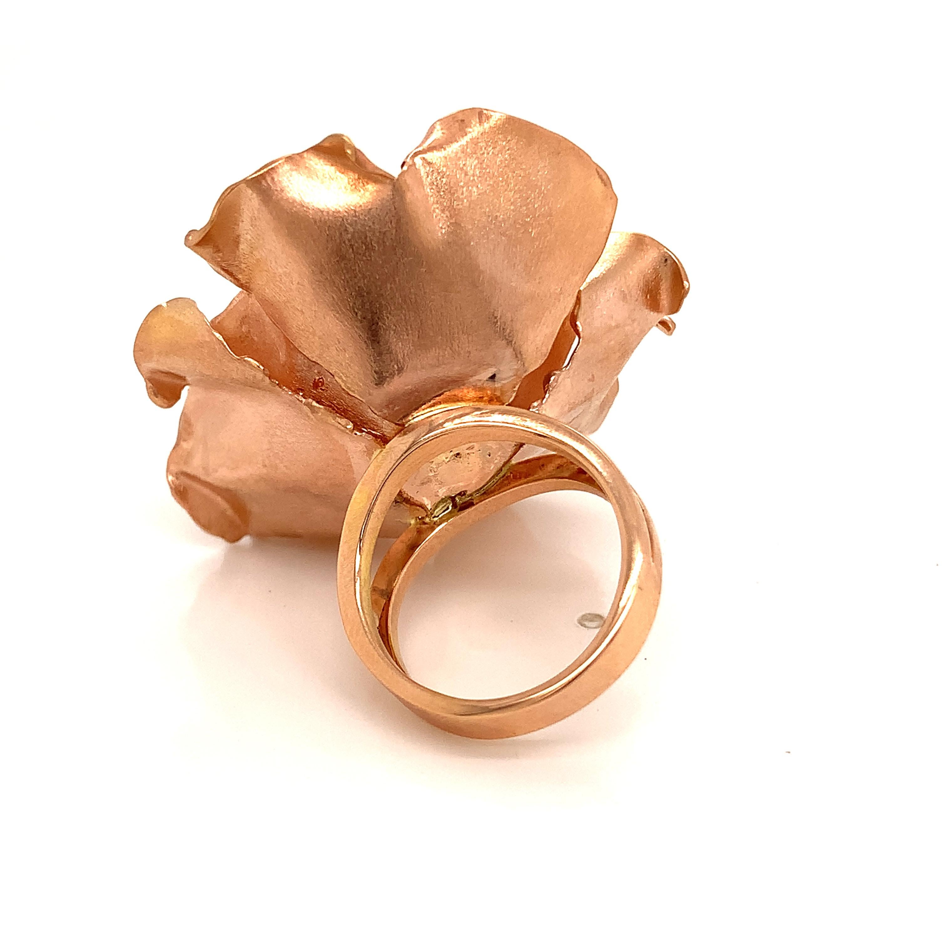 18KT Rose Gold Handmade  Garavelli  FLOWER  RING with White Diamonds 
rings size 6.25 US size 53 EU 
Flower diameter  mm. 40
GOLD  : grams 19
DIAMONDS ct : 0,45
Made In Italy in Valenza. It is a one of a kind piece. The precious hands that shaped 