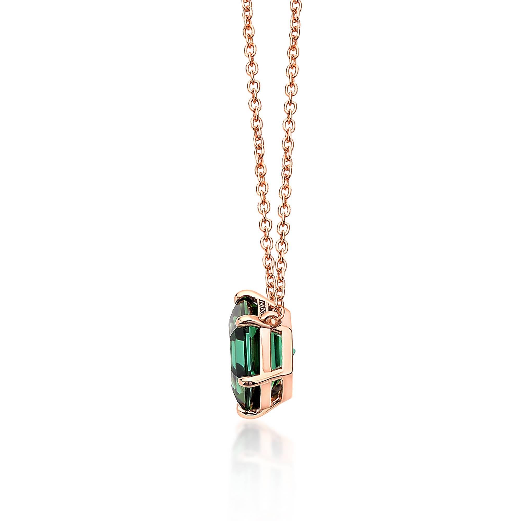 One of a kind hexagonal shape green tourmaline pendant necklace set in 18kt rose gold, weighing 3.15 carats.

A perfect gift for any occasion, from graduation to Valentine's Day, this 18kt rose gold green Tourmaline pendant will certainly be