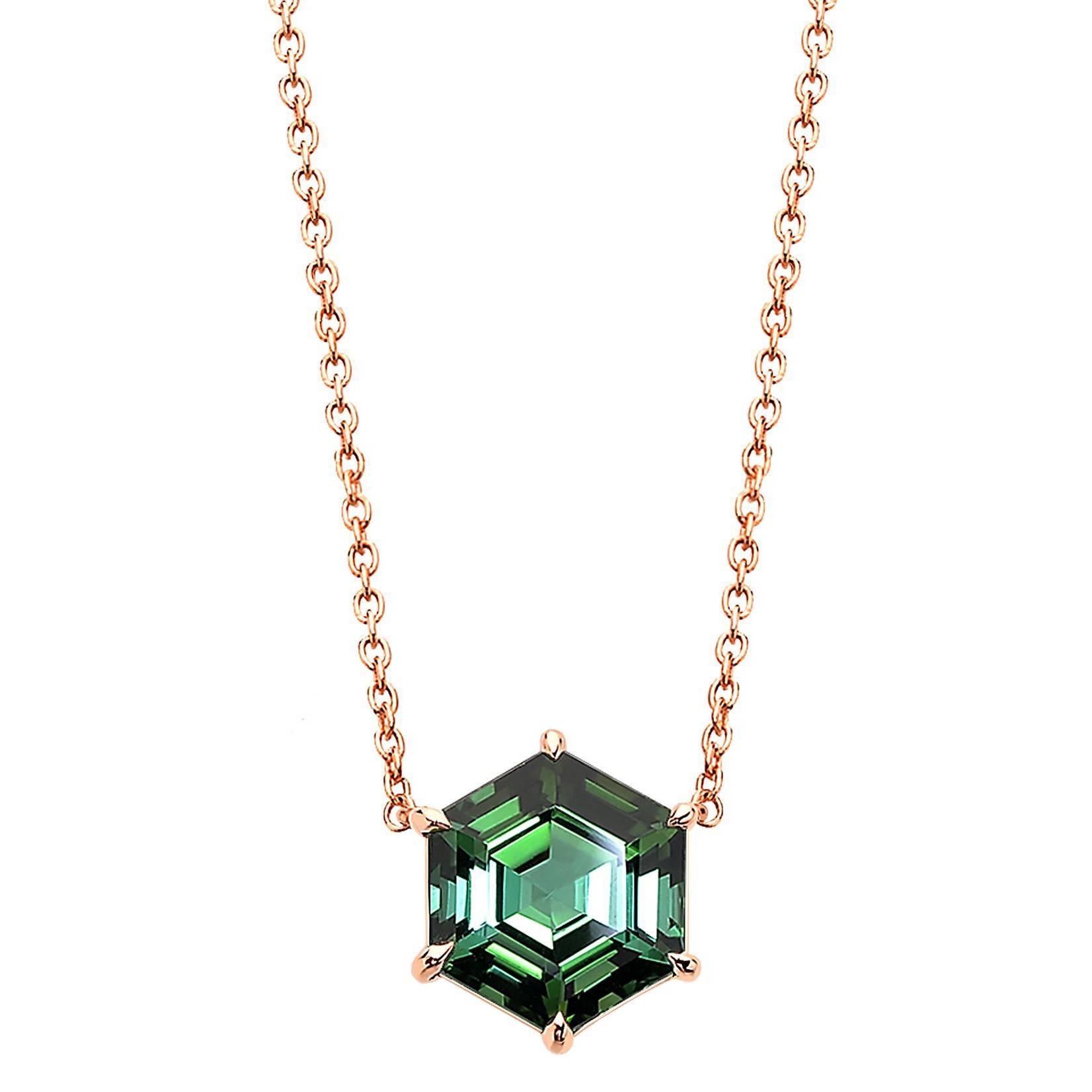 18 Karat Rose Gold Hexagonal Green Tourmaline 3.15 Carat Pendant Necklace