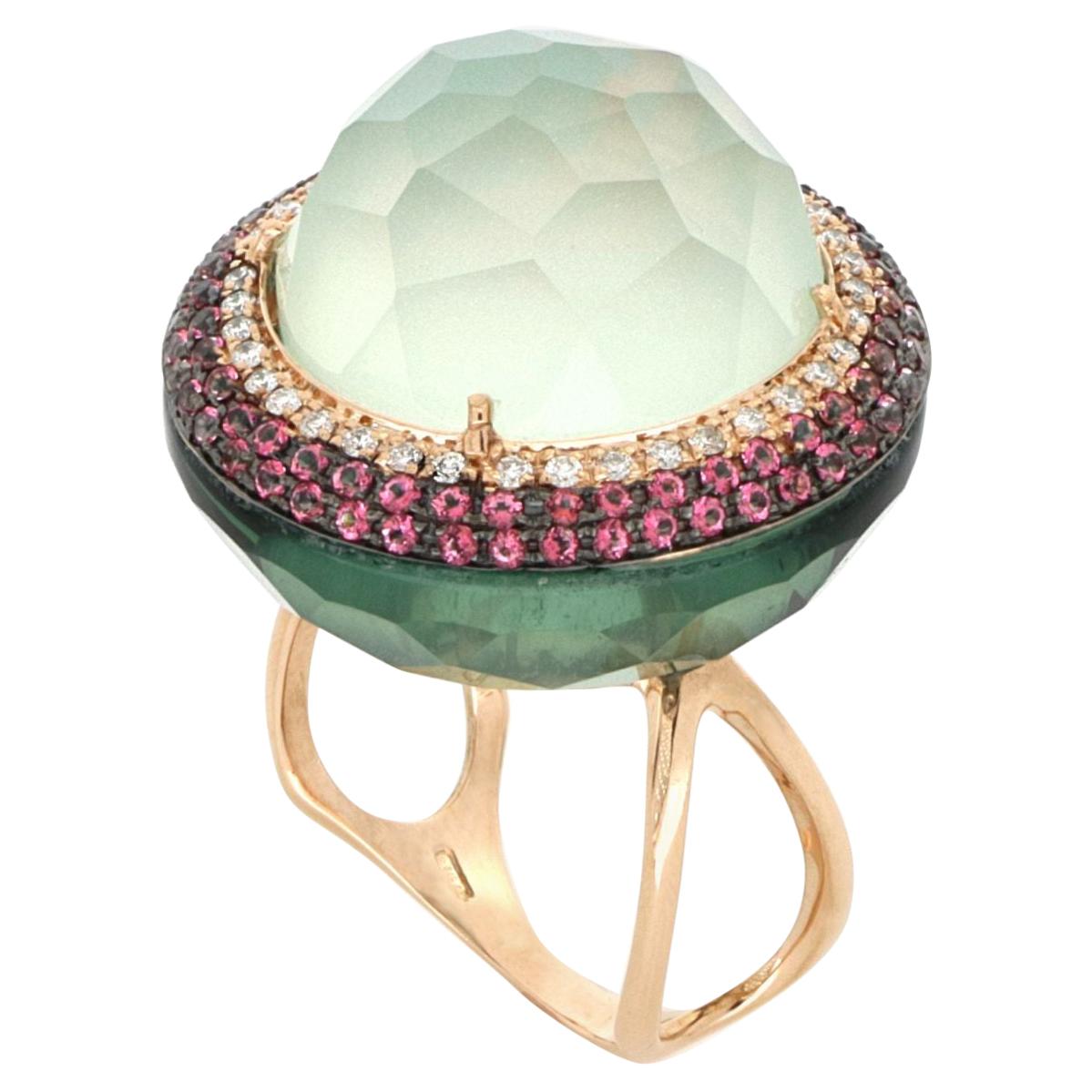 18kt Rose Gold Les Bonbons Green Big Rounded Cocktail Ring with Diamonds