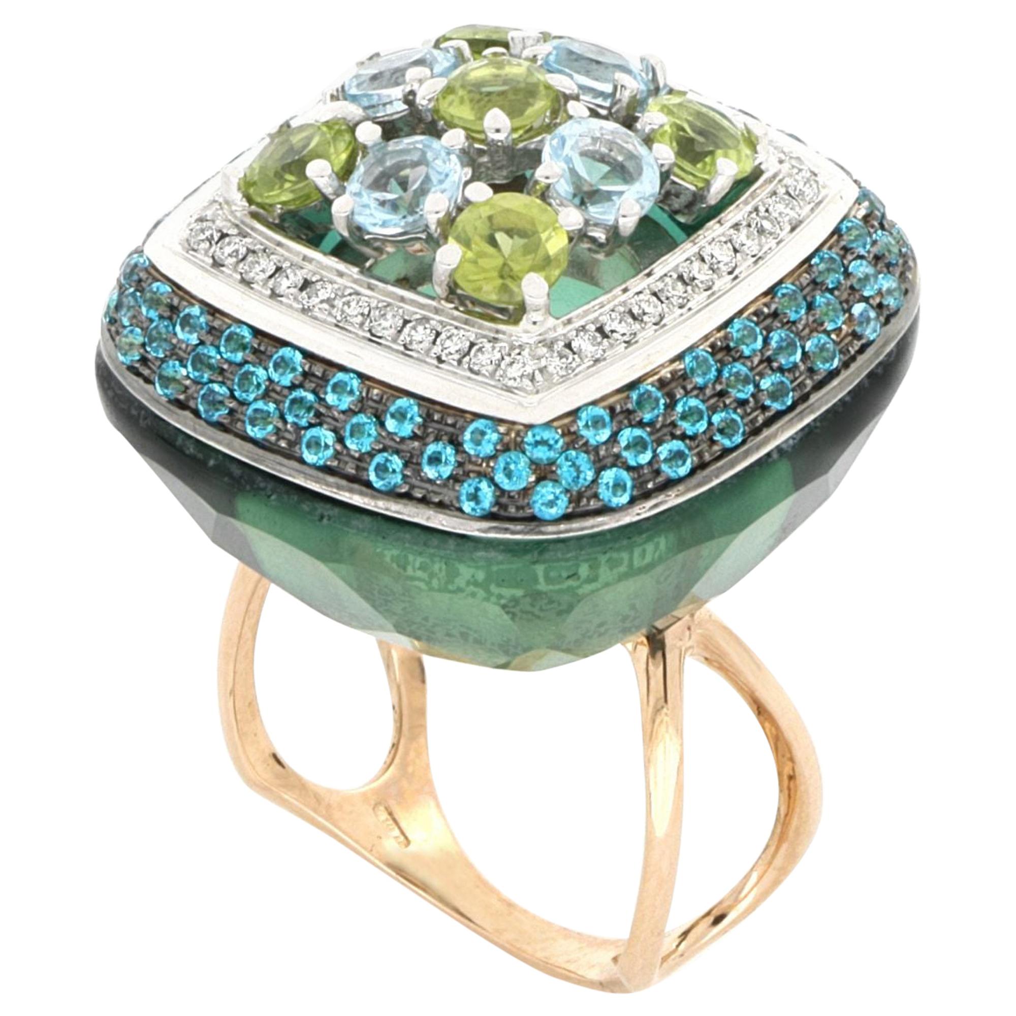 18kt Rose Gold Les Bonbons Green Squared Cocktail Ring with Diamonds