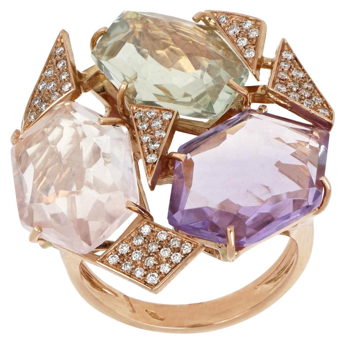 18kt Rose Gold Les Gemmes Big Multicolor Ring with Amethyst and Diamonds