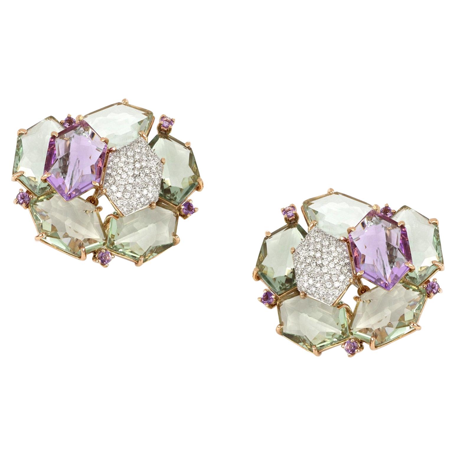 Les Gemmes Boucles d'oreilles en or rose 18 carats avec améthyste et diamants verts et violets