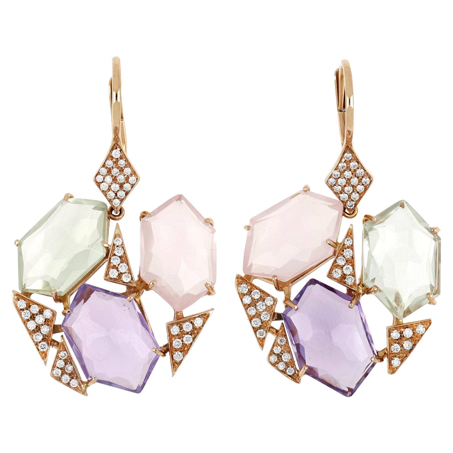 18kt Rose Gold Les Gemmes Multicolor Big Earrings with Amethyst and Diamonds