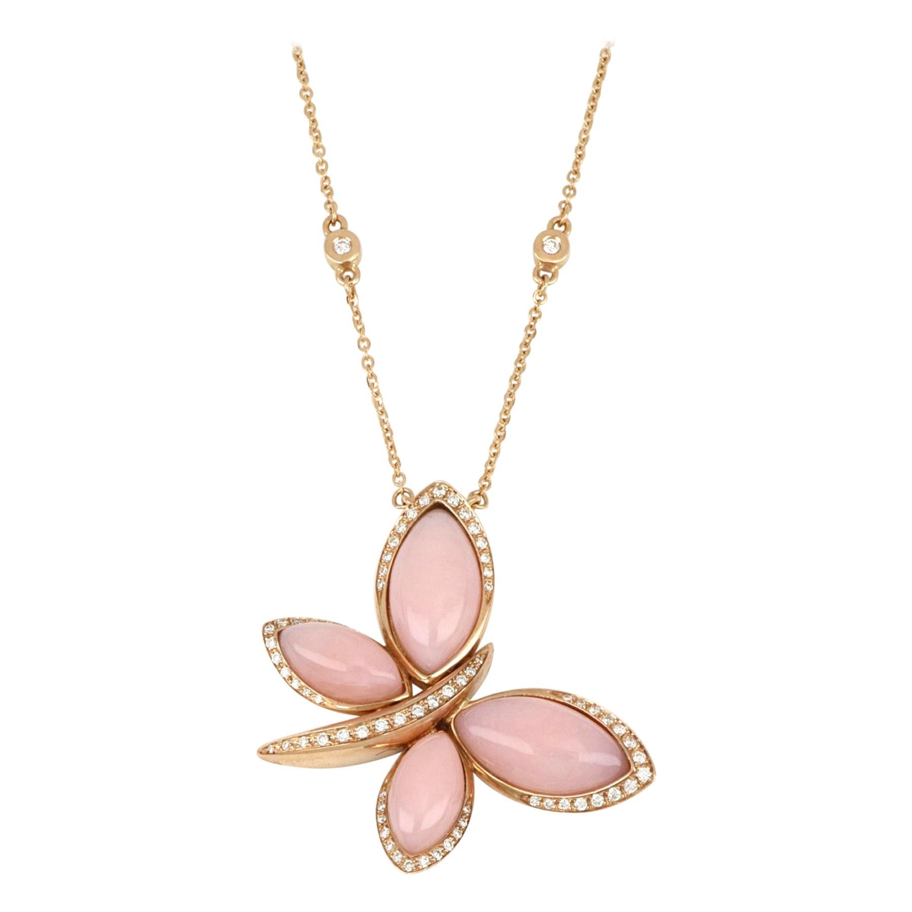 18kt Rose Gold Les Papillons Necklace with Pink Opal and Diamonds For Sale