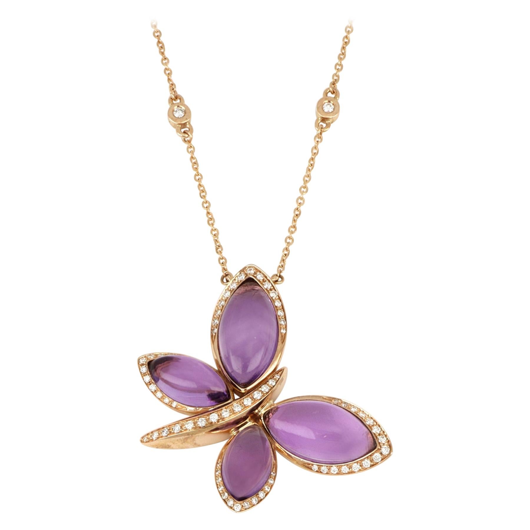 18kt Rose Gold Les Papillons Necklace with Purple Amethyst and Diamonds For Sale