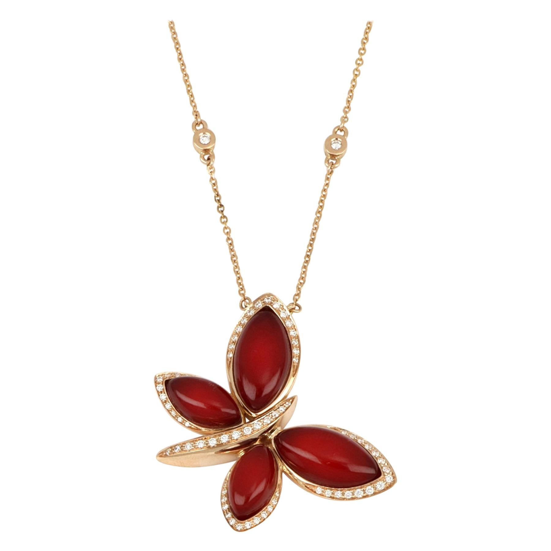 18kt Rose Gold Les Papillons Necklace with Red Aventurine and Diamonds For Sale