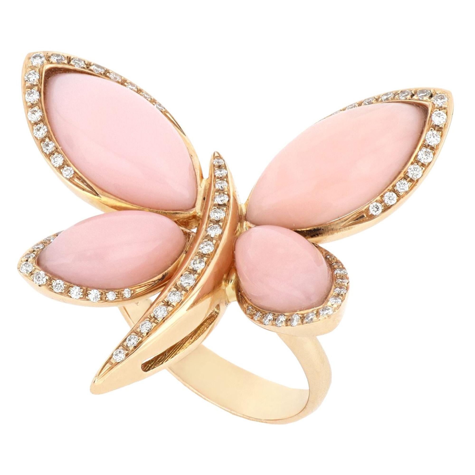 18 Karat Roségold Les Papillons Ring mit rosa Opal und Diamanten