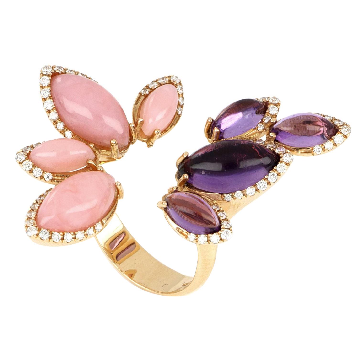 18 Karat Roségold Les Papillons Ring mit rosa Opal, lila Amethyst und Diamanten