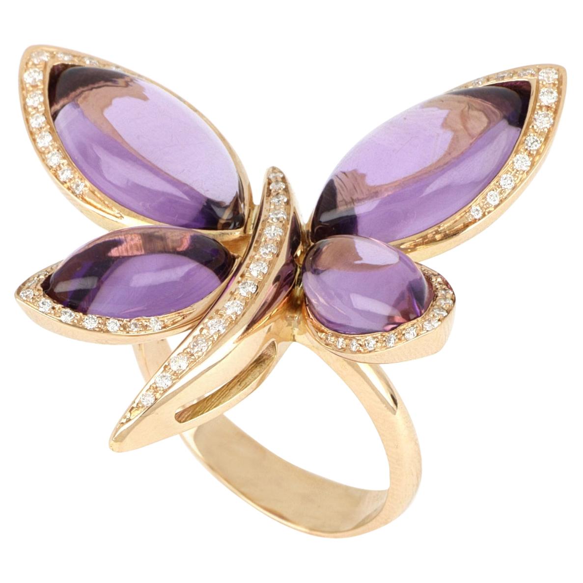 Les Papillons Bague en or rose 18 carats avec amathyste violette et diamants