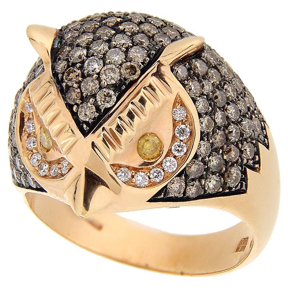 18Kt Rose Gold "Little Owl" Ring Brown, White and Fancy Diamonds For Sale