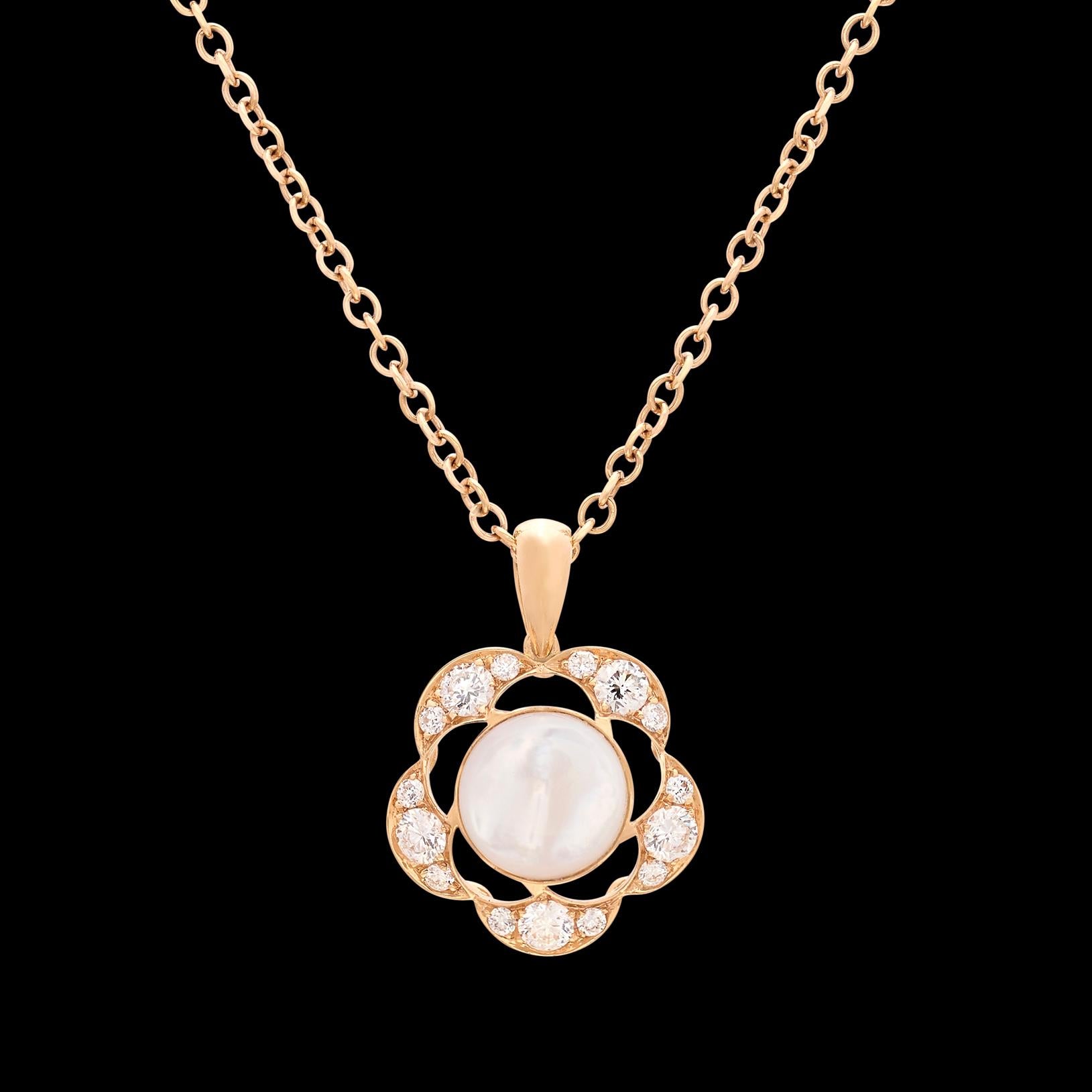 Collier pendentif en or rose 18 carats, nacre et diamants Excellent état - En vente à San Francisco, CA