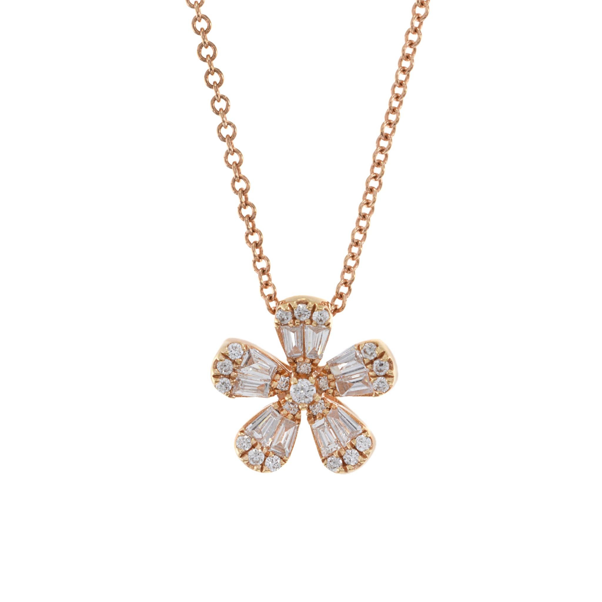 18KT rose gold multi cut diamond flower necklace. The pendant features five gracefully arranged diamond petals, combining baguette and round-cut diamonds totaling 0.25 carats. The G color and VS clarity ensure a sparkling and sophisticated allure.