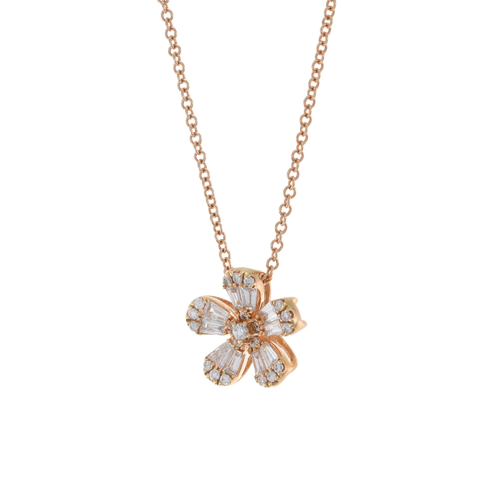 18KT Rose Gold Multi Cut Diamond Flower Necklace In New Condition For Sale In New York, NY
