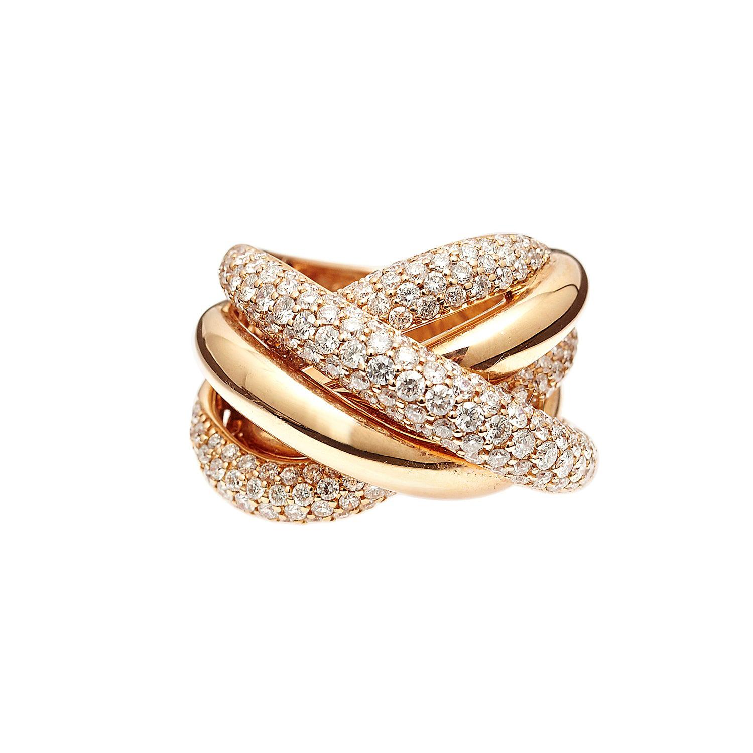 18kt Rose Gold Multi Row Ring with 3.28ct of White Diamonds For Sale