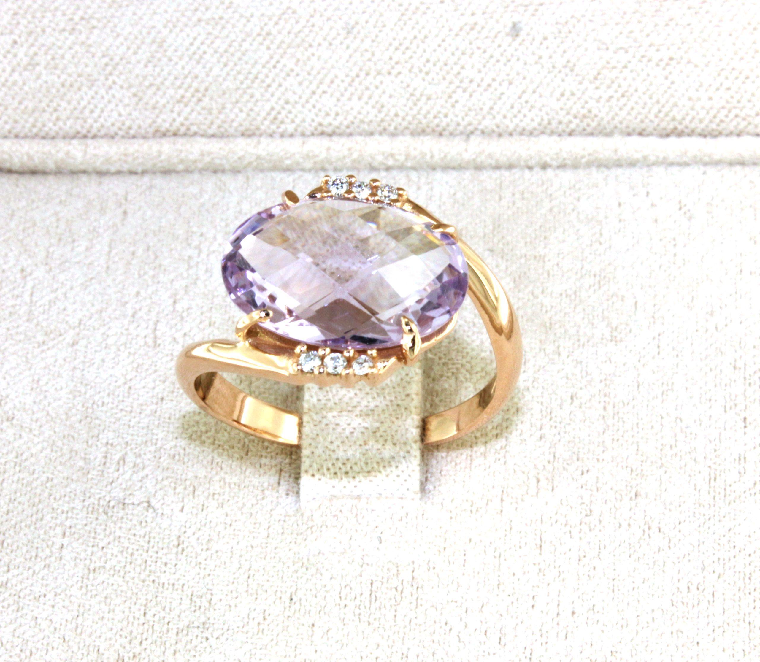 18Kt Oro Rosa Amatista Natural Diamante Blanco Moda Elegante Anillo de Cóctel Contemporáneo en venta