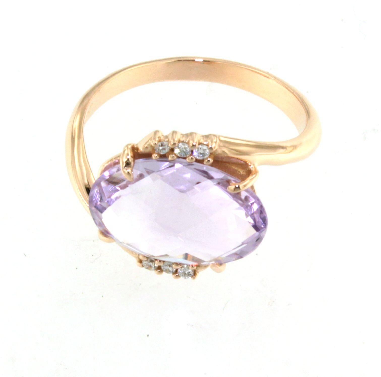 18Kt Oro Rosa Amatista Natural Diamante Blanco Moda Elegante Anillo de Cóctel Corte oval en venta