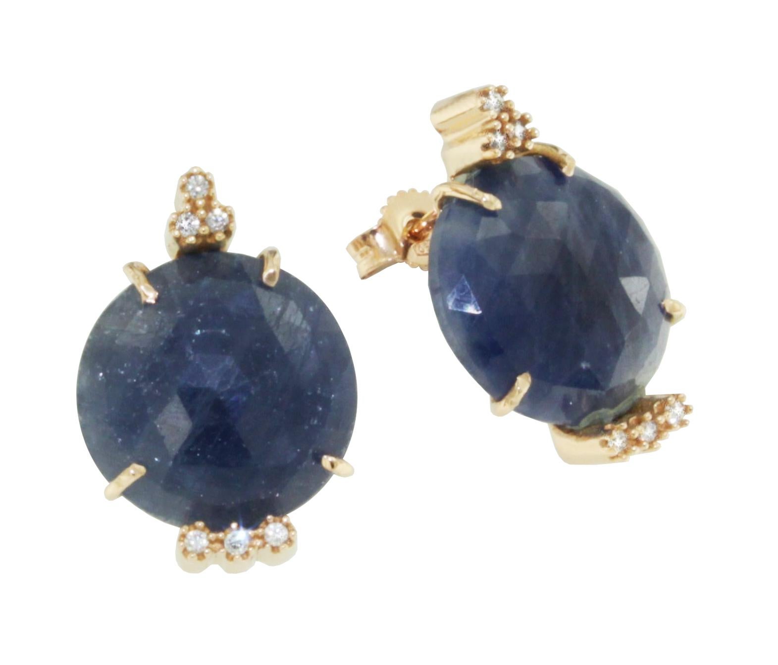 Cabochon 18Kt  Rose Gold  Natural Blue Sapphire White Diamonds Classic Modern  Earrings For Sale