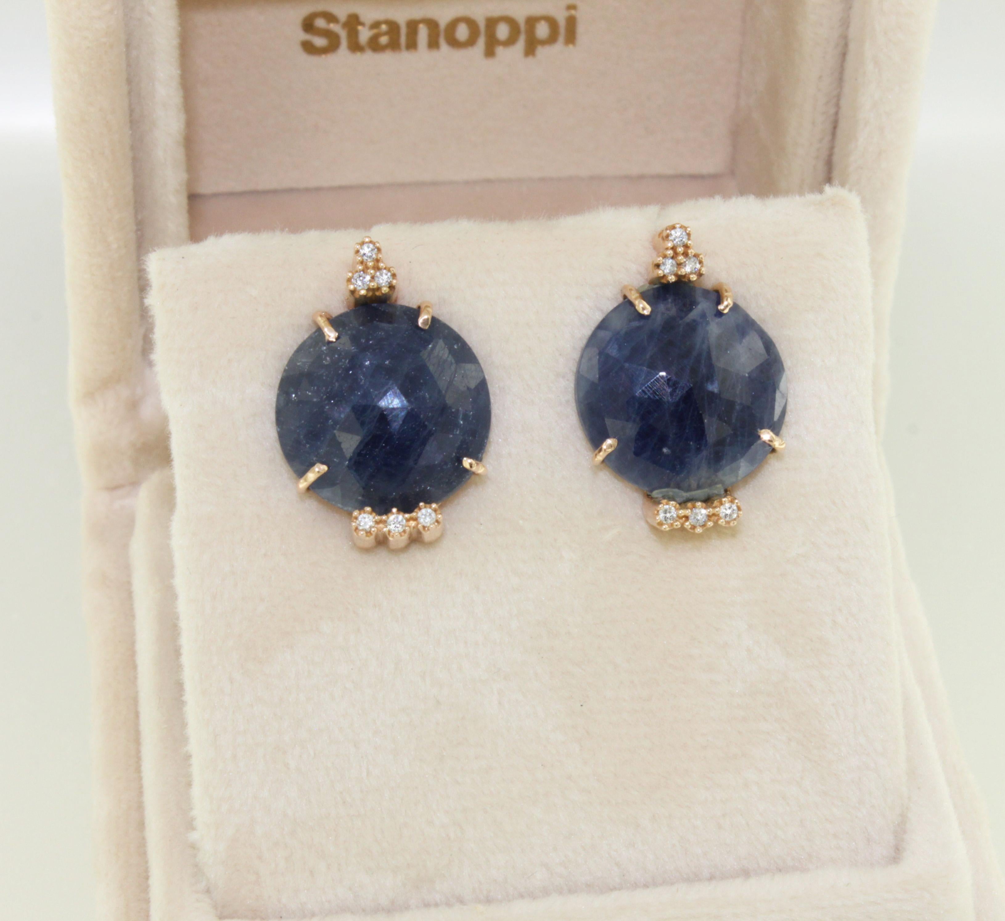 18Kt  Rose Gold  Natural Blue Sapphire White Diamonds Classic Modern  Earrings For Sale 1