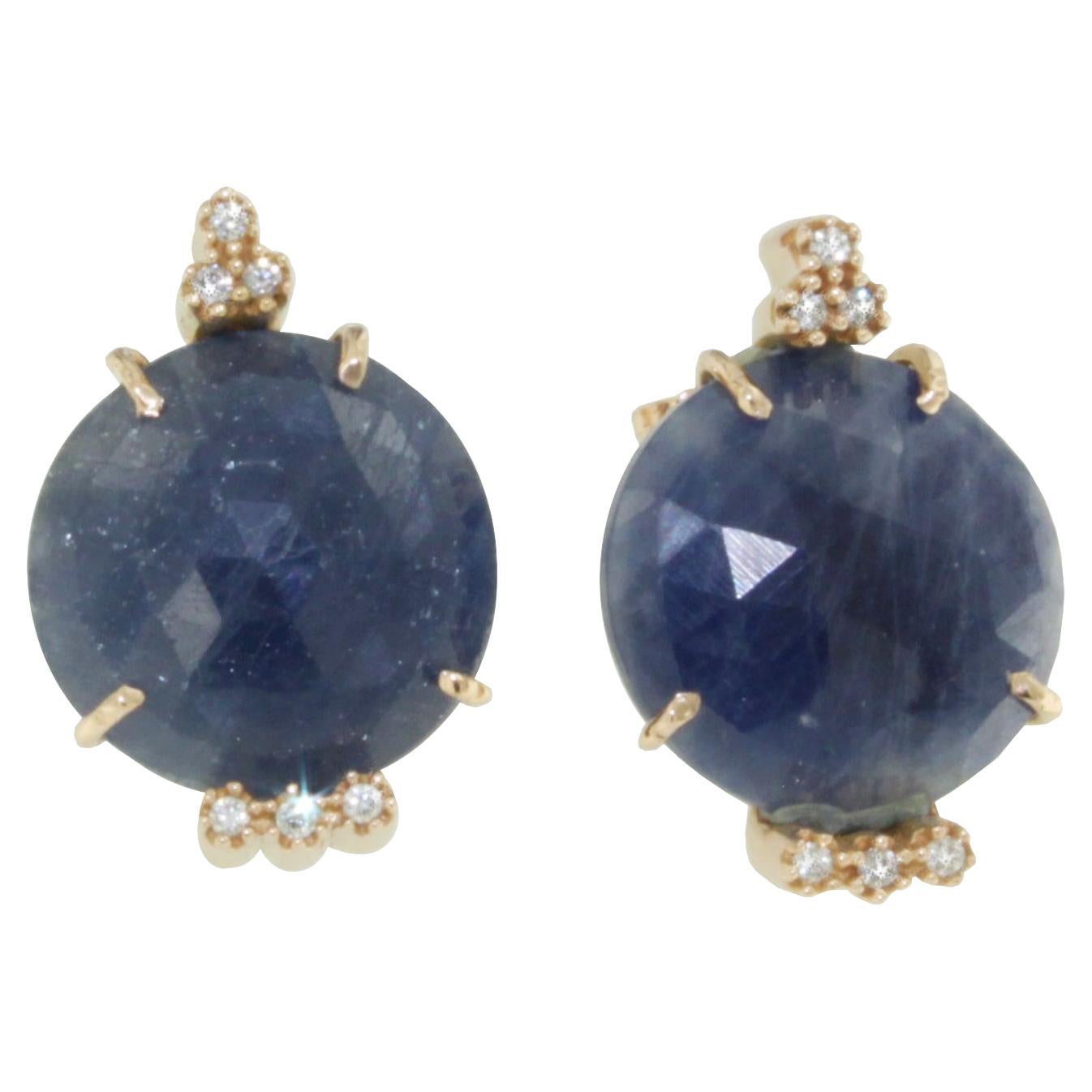 18Kt  Oro rosa  Zafiro Azul Natural Diamantes Blancos Clásico Moderno  Pendientes