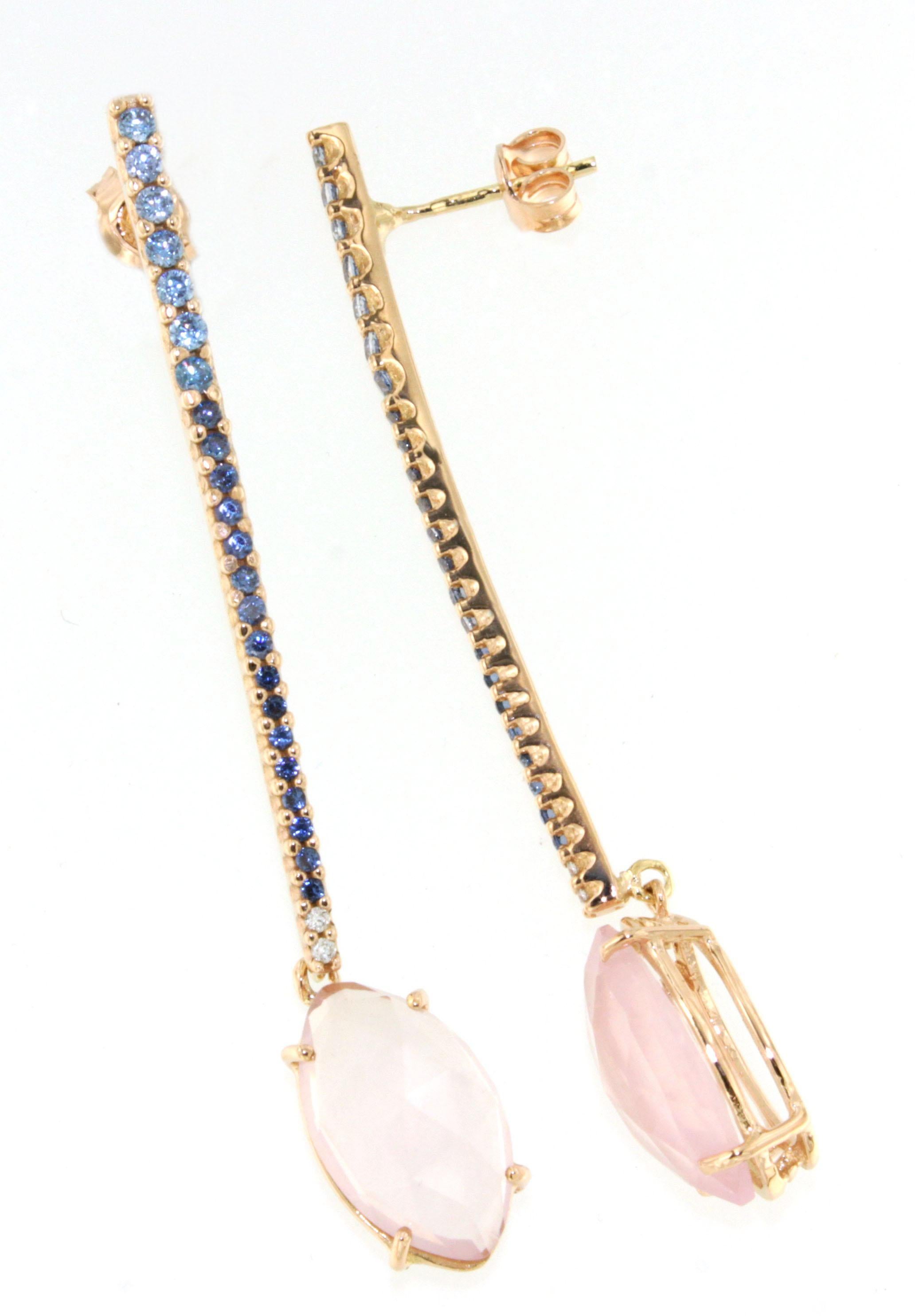 Marquise Cut 18Kt  Rose Gold Natural Stones Pink Quartz Tanzanite Diamonds  Modern Earrings For Sale