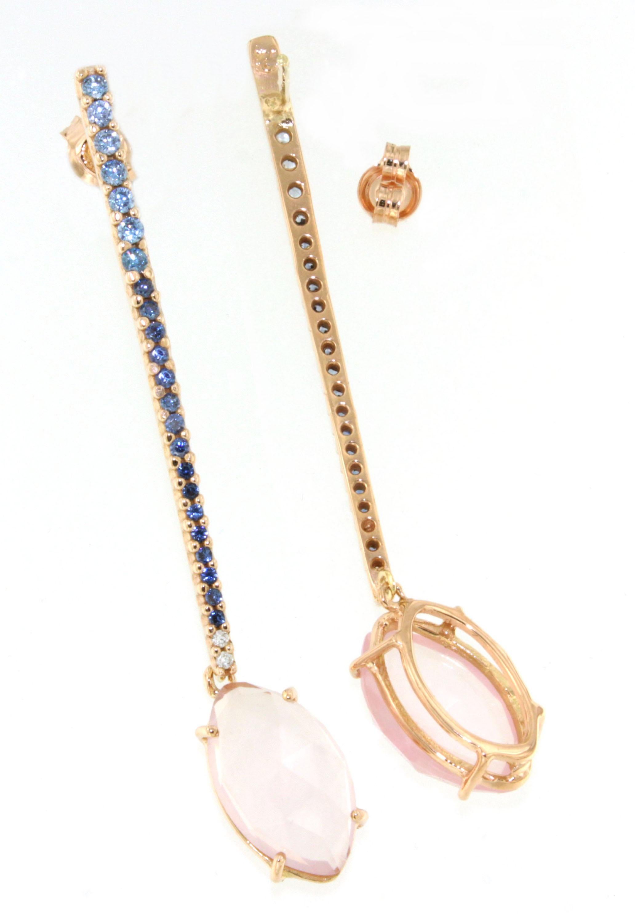 18Kt  Rose Gold Natural Stones Pink Quartz Tanzanite Diamonds  Modern Earrings In New Condition For Sale In GALLARATE, IT