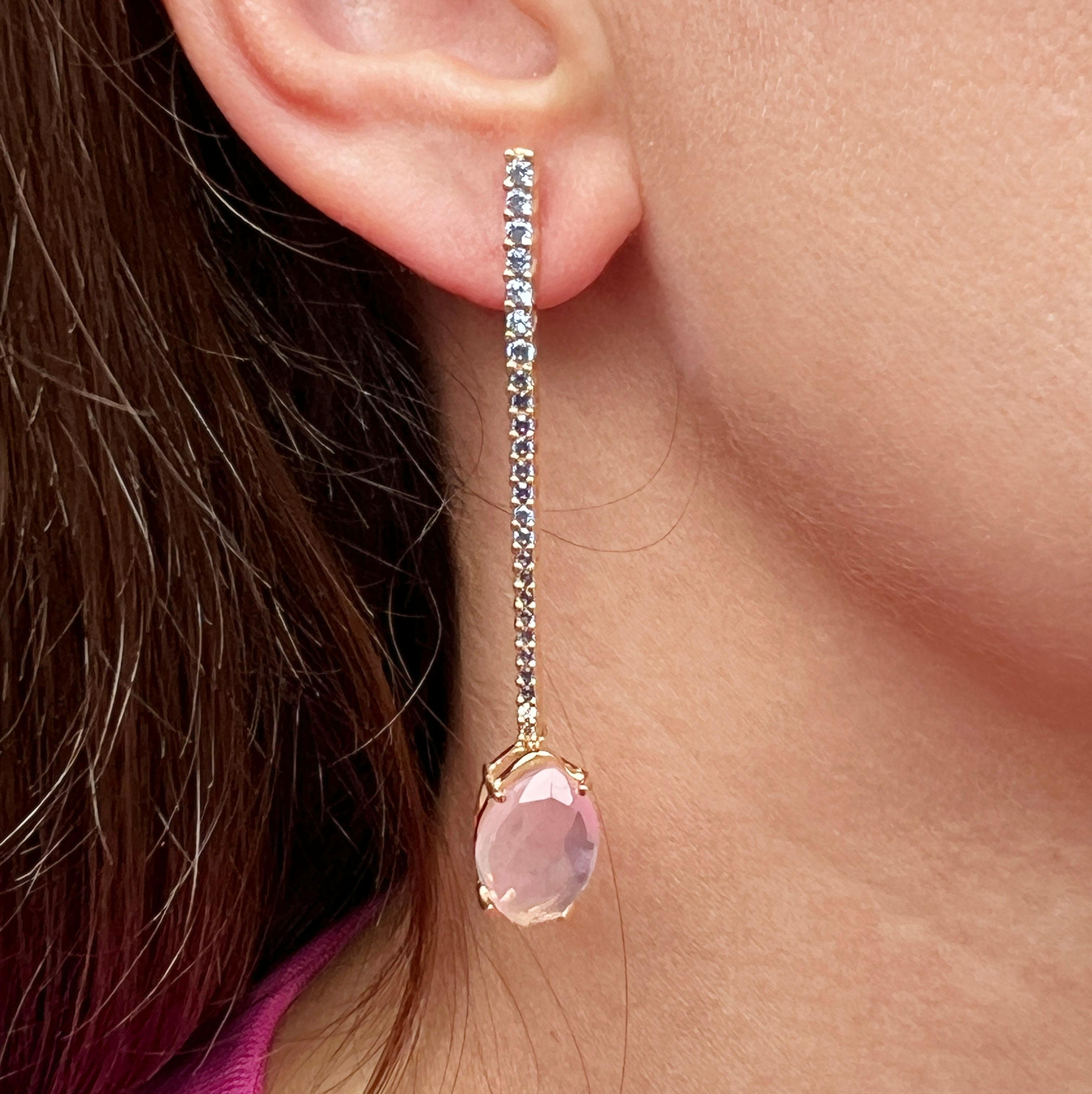 Women's or Men's 18Kt  Rose Gold Natural Stones Pink Quartz Tanzanite Diamonds  Modern Earrings For Sale