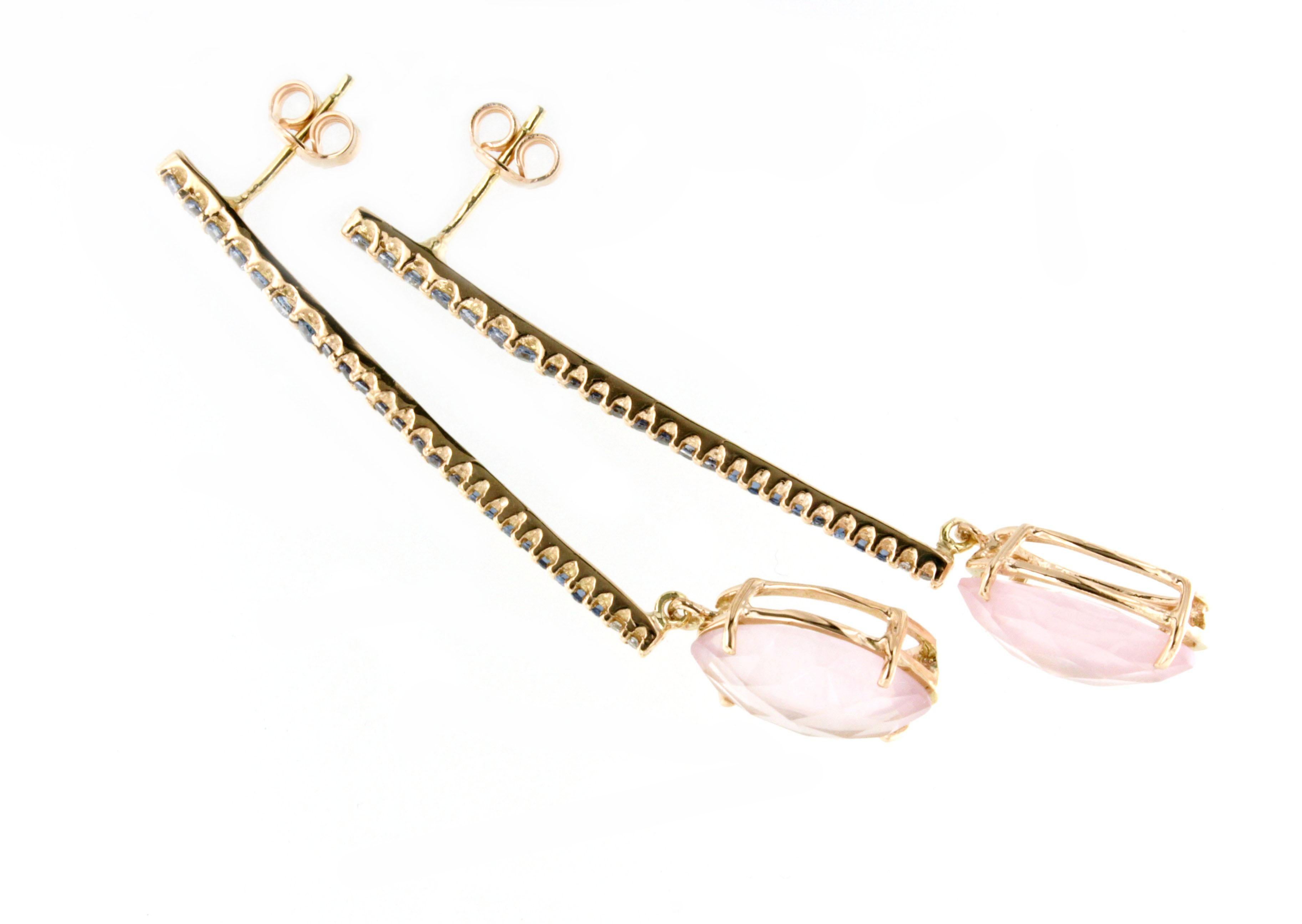 18Kt  Rose Gold Natural Stones Pink Quartz Tanzanite Diamonds  Modern Earrings For Sale 1