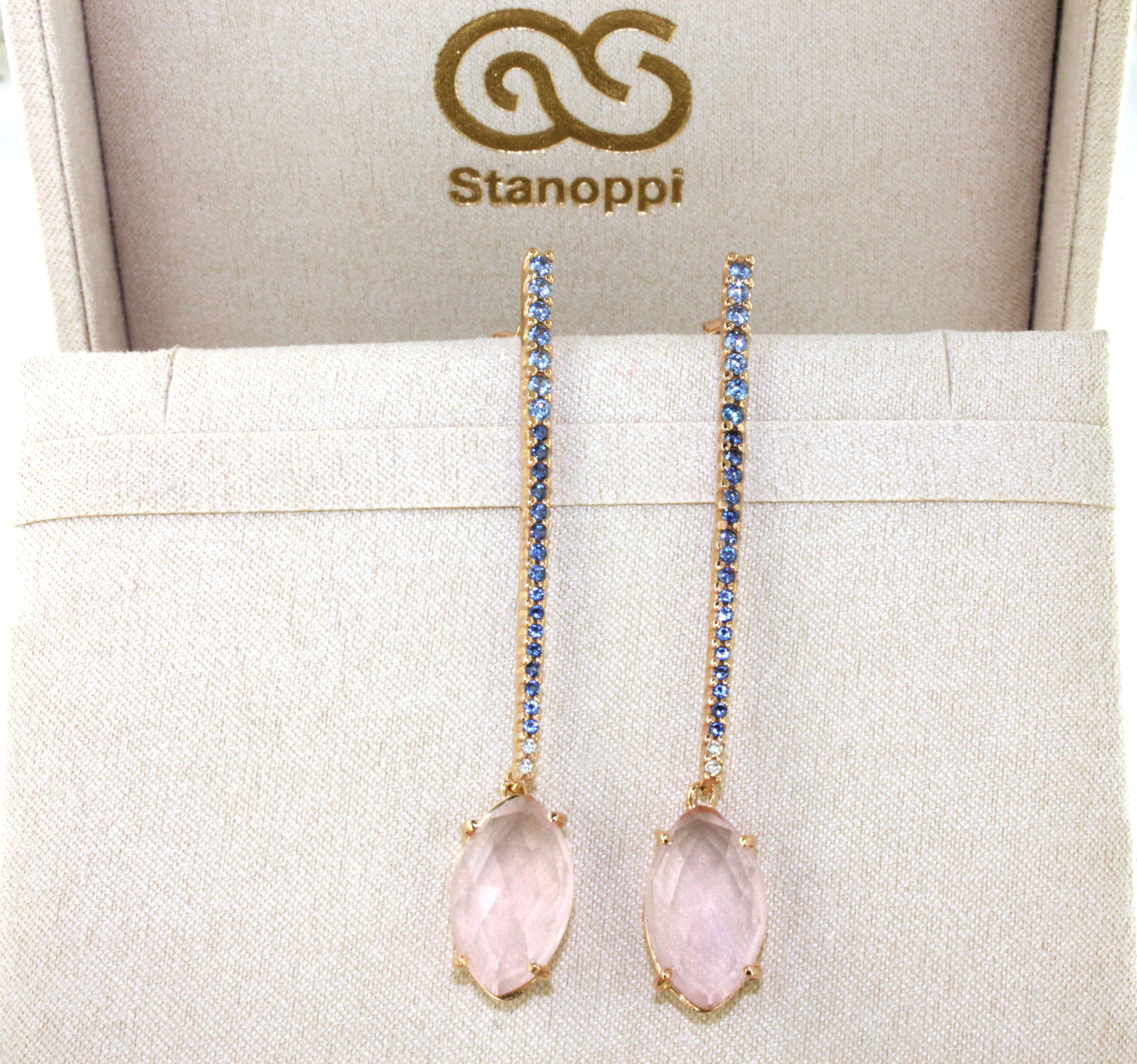 18Kt  Rose Gold Natural Stones Pink Quartz Tanzanite Diamonds  Modern Earrings For Sale 2