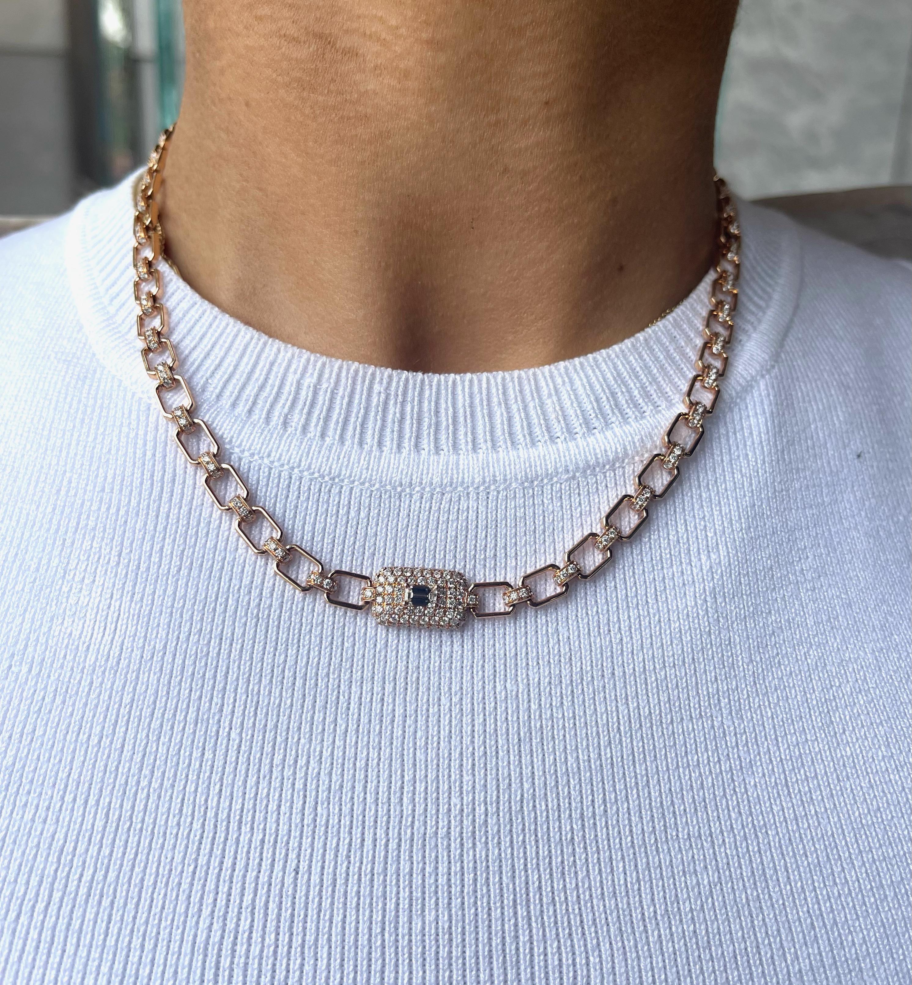 Pavé Diamond & Baguette Link Necklace 
Adjustable length (can be worn as a choker) 
18kt Rose Gold 
Diamonds= 2.27ct 
17.5
