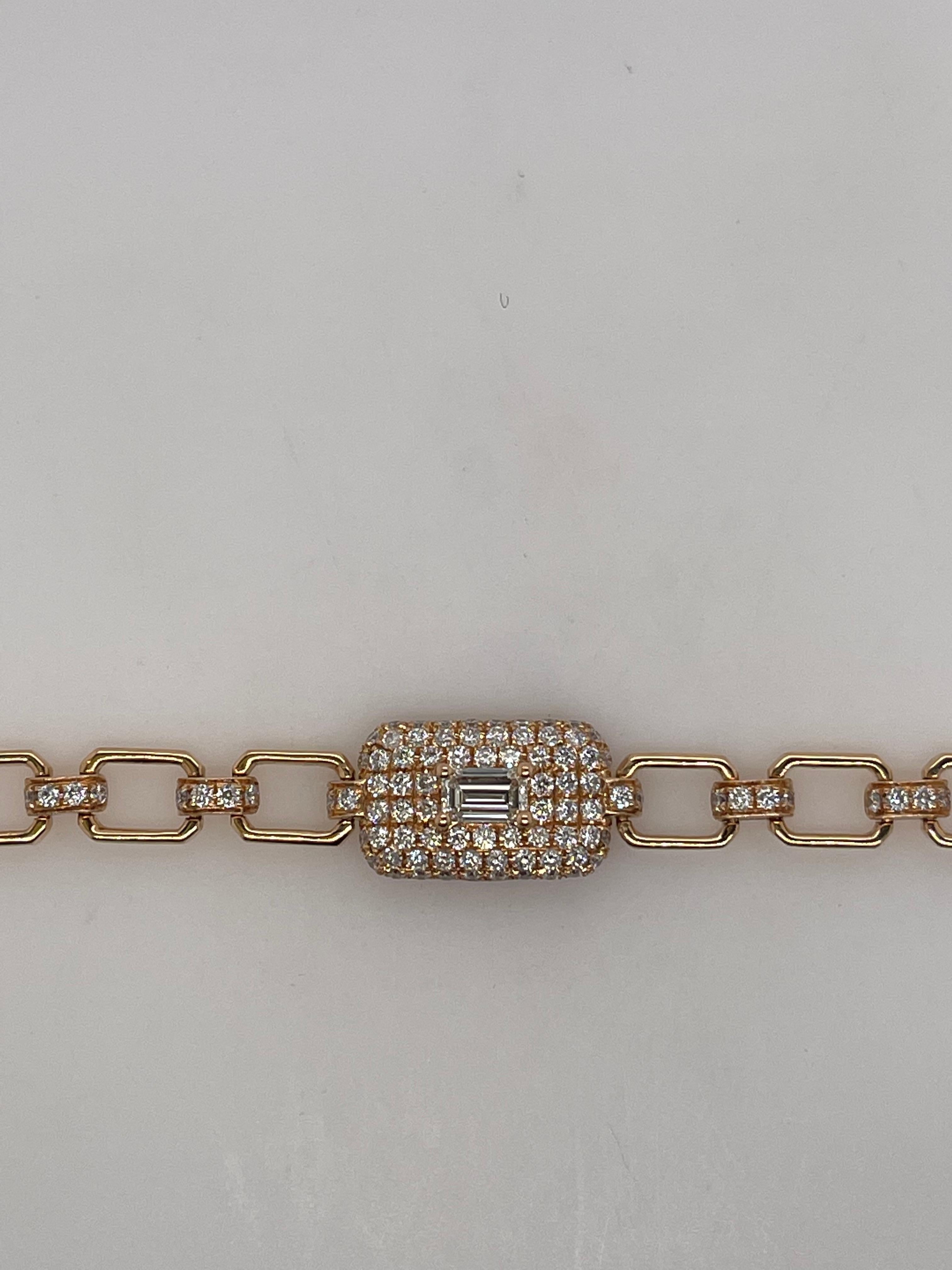 18kt Rose Gold Pavé Diamond & Baguette Link Necklace In New Condition In Toronto, CA