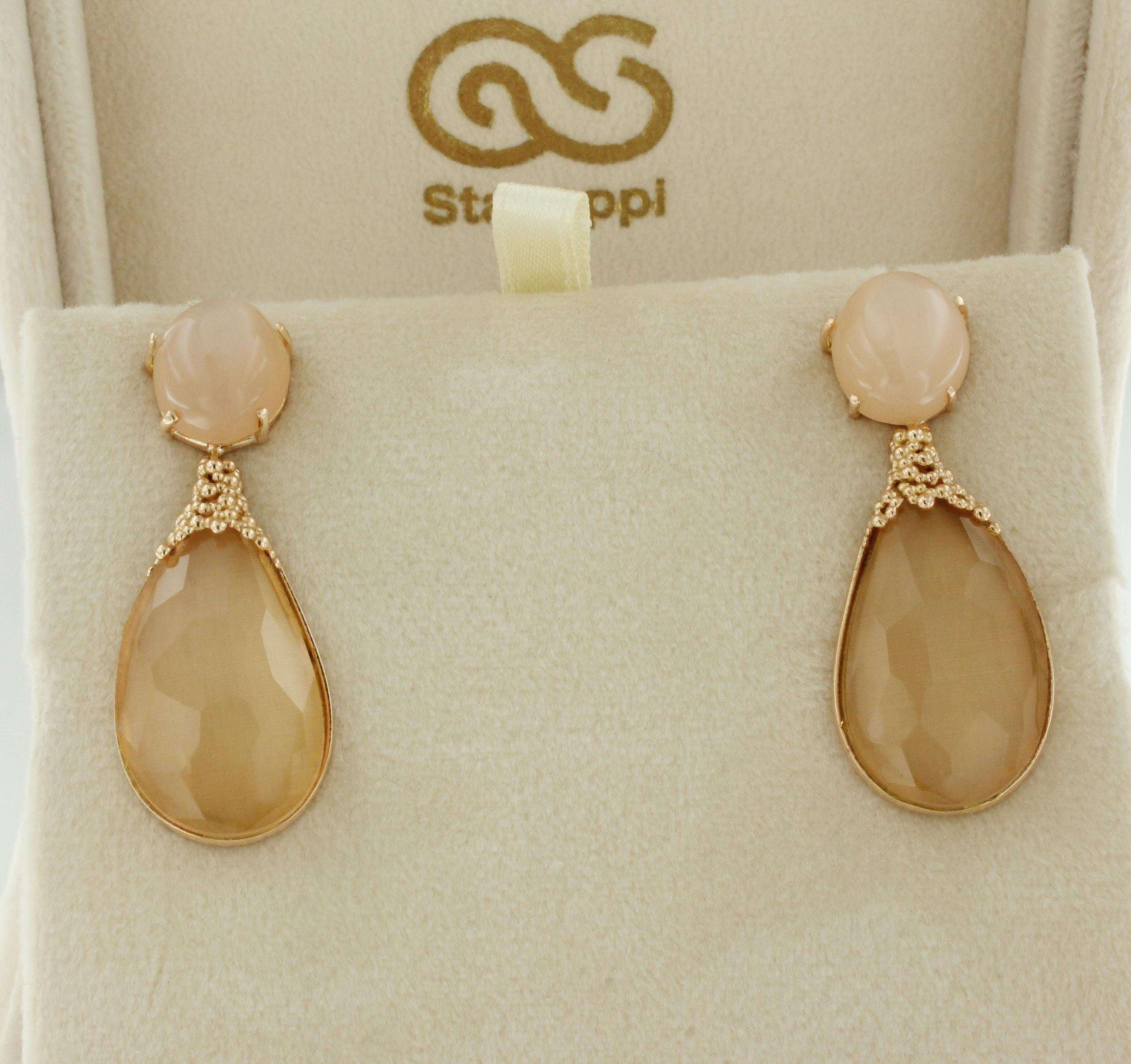 18kt Rose Gold Peach Moonstone Quartz Doublet Stone Peach Moonstone Earrings  In New Condition For Sale In GALLARATE, IT