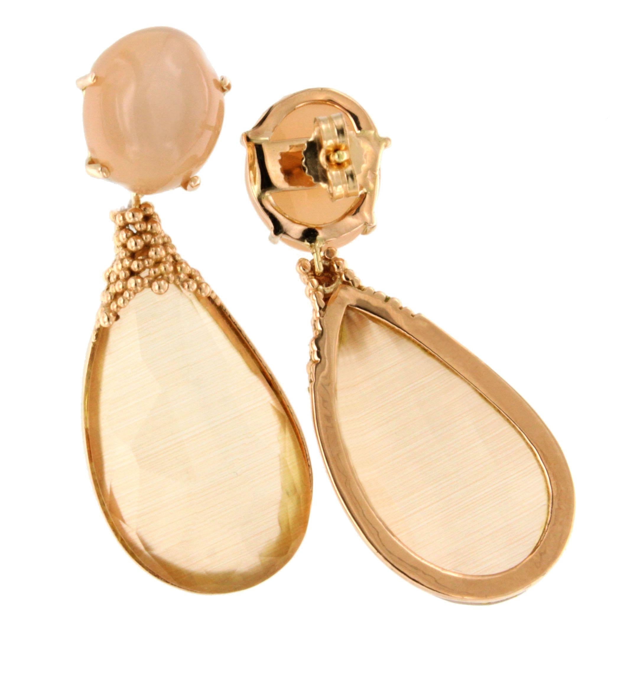 Women's or Men's 18kt Rose Gold Peach Moonstone Quartz Doublet Stone Peach Moonstone Earrings  For Sale