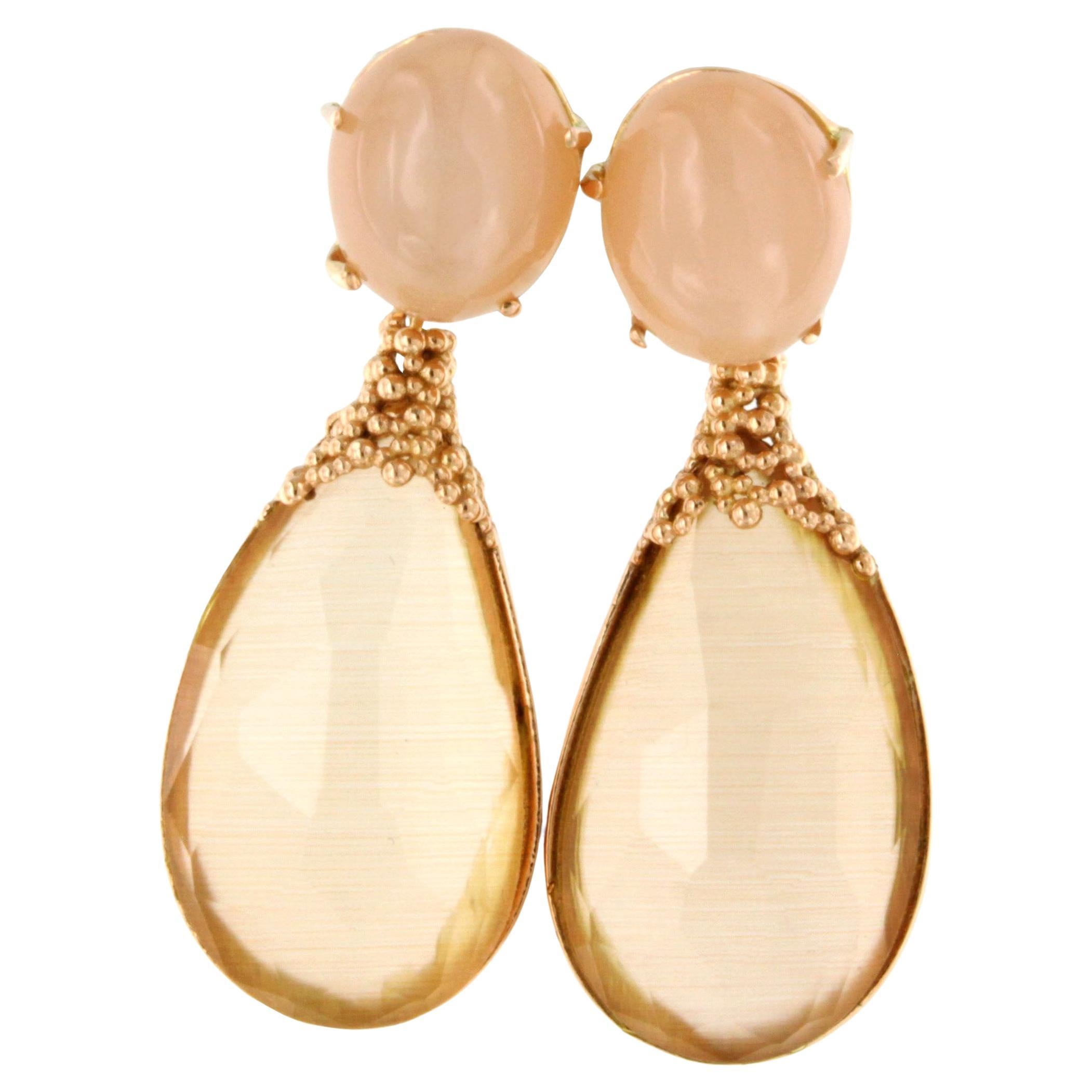 18kt Rose Gold Peach Moonstone Quartz Doublet Stone Peach Moonstone Earrings  For Sale